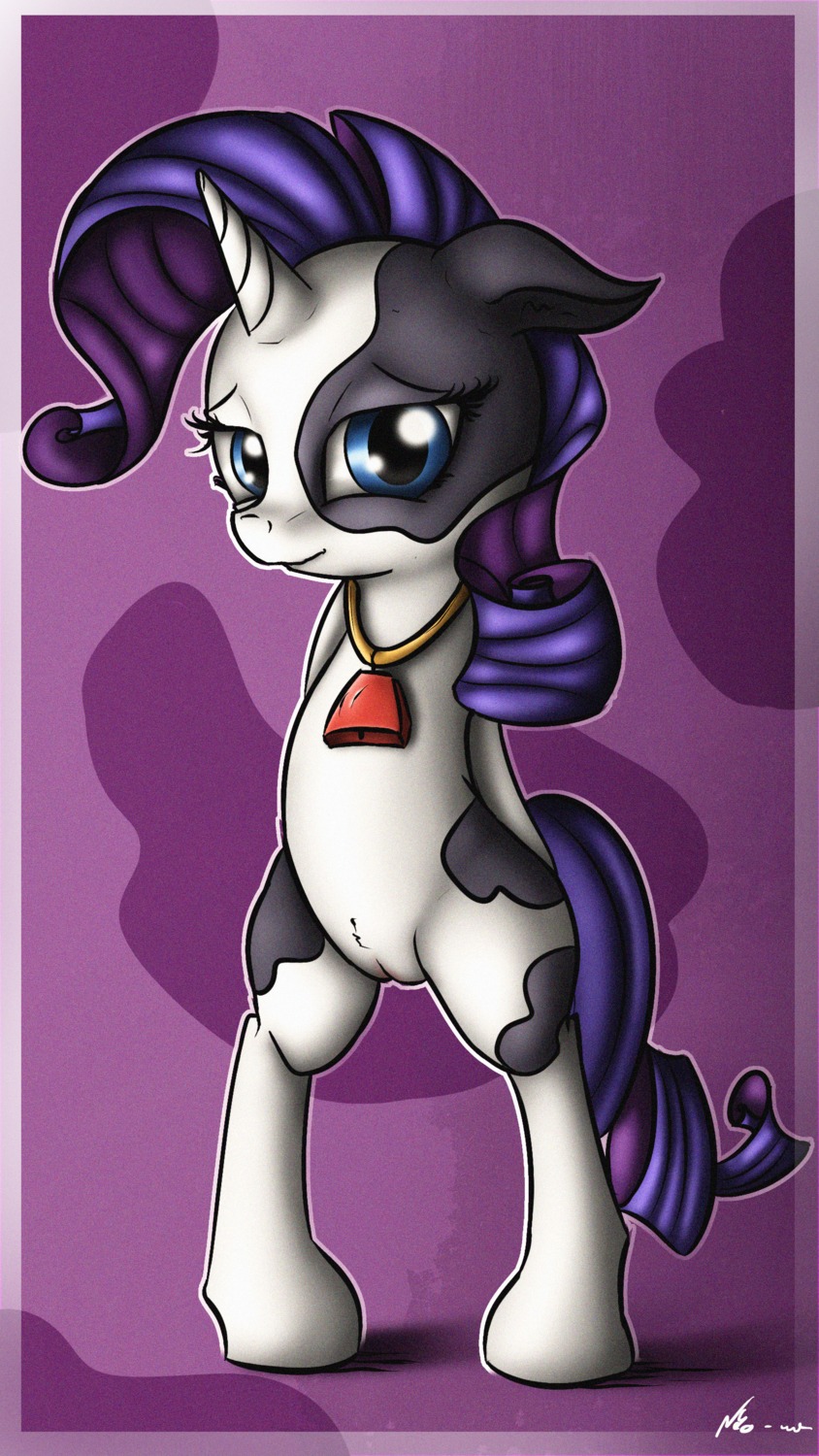 2014 4k 9:16 absurd_res alternate_species biped blue_eyes bovid bovine cattle cowbell dairy_cattle e621 equid equine fan_character female friendship_is_magic genitals hair hasbro hi_res holstein_friesian_cattle horn innie_vulva mammal my_little_pony mythological_creature mythological_equine mythology neko-me purple_hair raricow_(mlp) rarity_(mlp) solo unicorn vulva