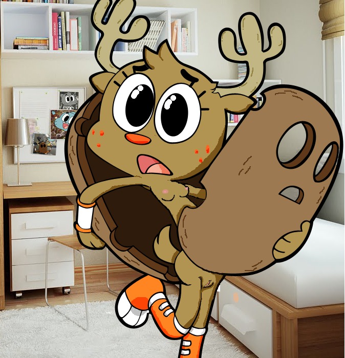 accident accidental_exposure anthro antlers bed biped book boots breasts brown_body brown_fur carpet cartoon_network clothing deer desk e621 embarrassed exposed female footwear fur furniture furniture_lamp genitals gumball_watterson horn mammal micro_calves micro_legs micro_thighs moose new_world_deer nipples nude penny_fitzgerald reveal shell shoes solo standing table the_amazing_world_of_gumball thin_calves thin_legs thin_thighs unknown_artist vulva wristband young young_anthro