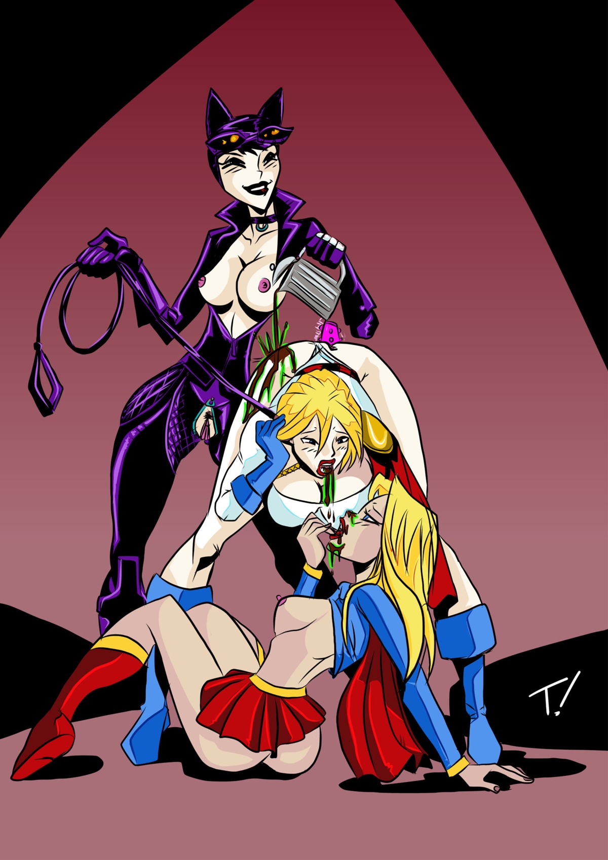 3girls batman_(series) catwoman dc dc_comics female multiple_females multiple_girls power_girl rule34 selfcest selina_kyle straight_hair supergirl superman_(series) threesome traumwelt whip yuri