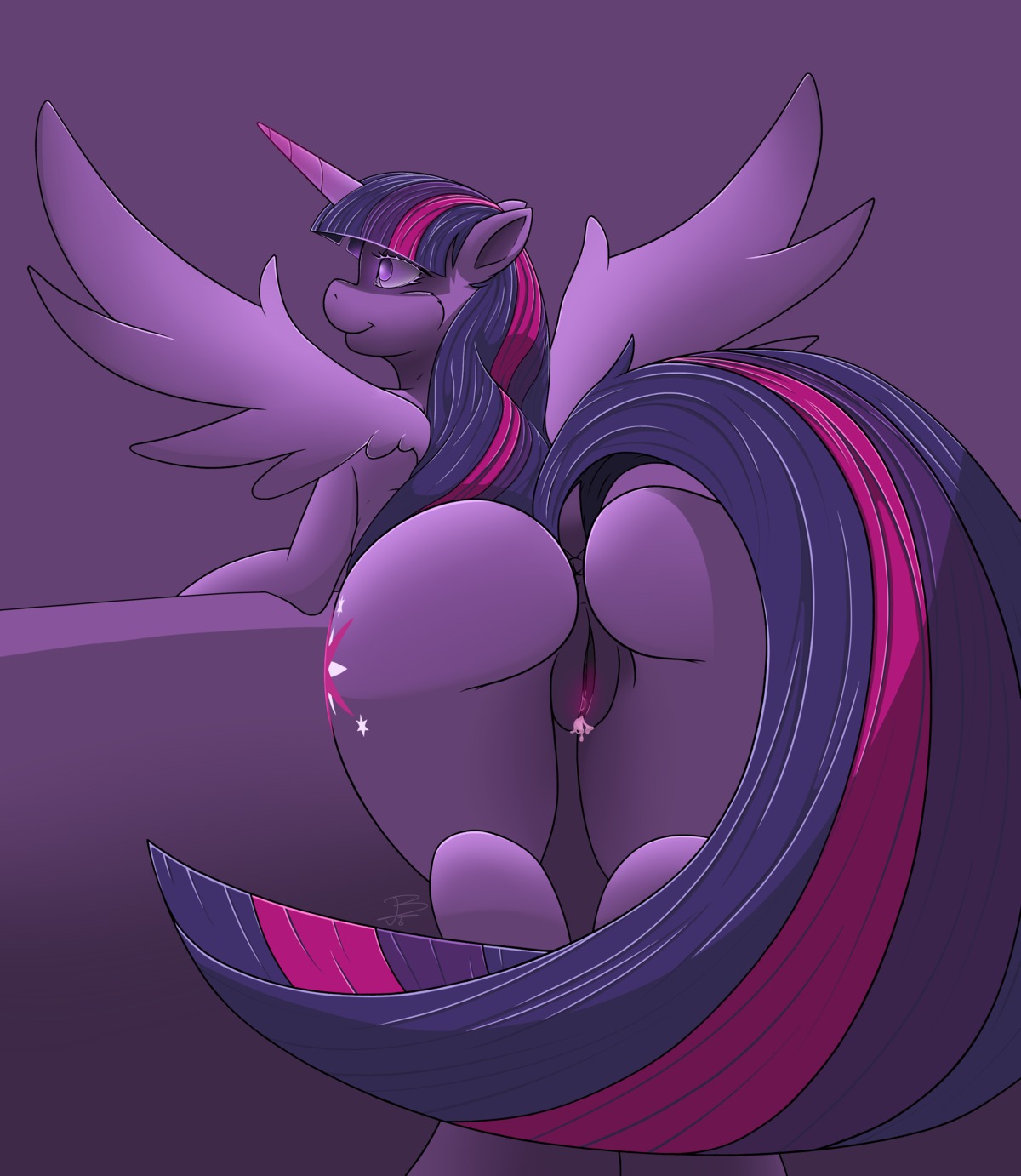2014 absurd_res anthro anthrofied anus bent_over biped butt cutie_mark e621 equid equine feathered_wings feathers female friendship_is_magic fur gear_(artist) genitals hair hasbro hi_res horn mammal multicolored_hair my_little_pony mythological_creature mythological_equine mythology purple_body purple_eyes purple_feathers purple_fur purple_hair purple_theme rear_view smile solo twilight_sparkle_(mlp) two_tone_hair vulva winged_unicorn wings