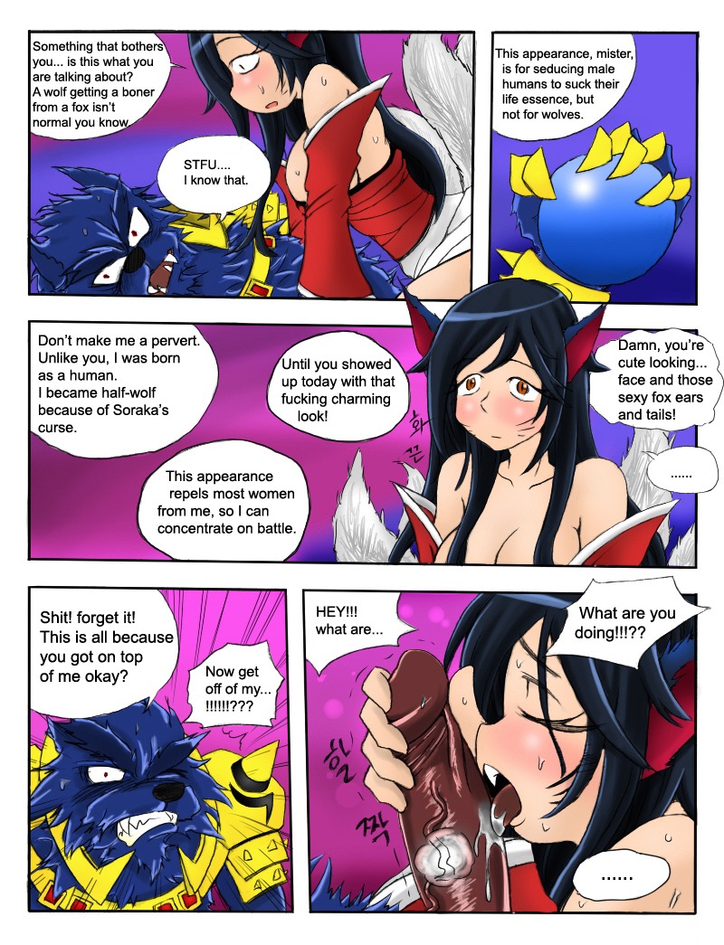 ahri_(lol) animal_humanoid armor bandage blush bodily_fluids breasts canid canid_humanoid canine canine_humanoid cling comic digital_media_(artwork) duo e621 english_text erection fangs female fox fox_humanoid genitals humanoid humanoid_genitalia humanoid_penis kimmundo korean_text league_of_legends licking male mammal mammal_humanoid orb penis profanity riot_games seductive sweat tail teeth tencent text tongue tongue_out translated vein warwick_(lol)