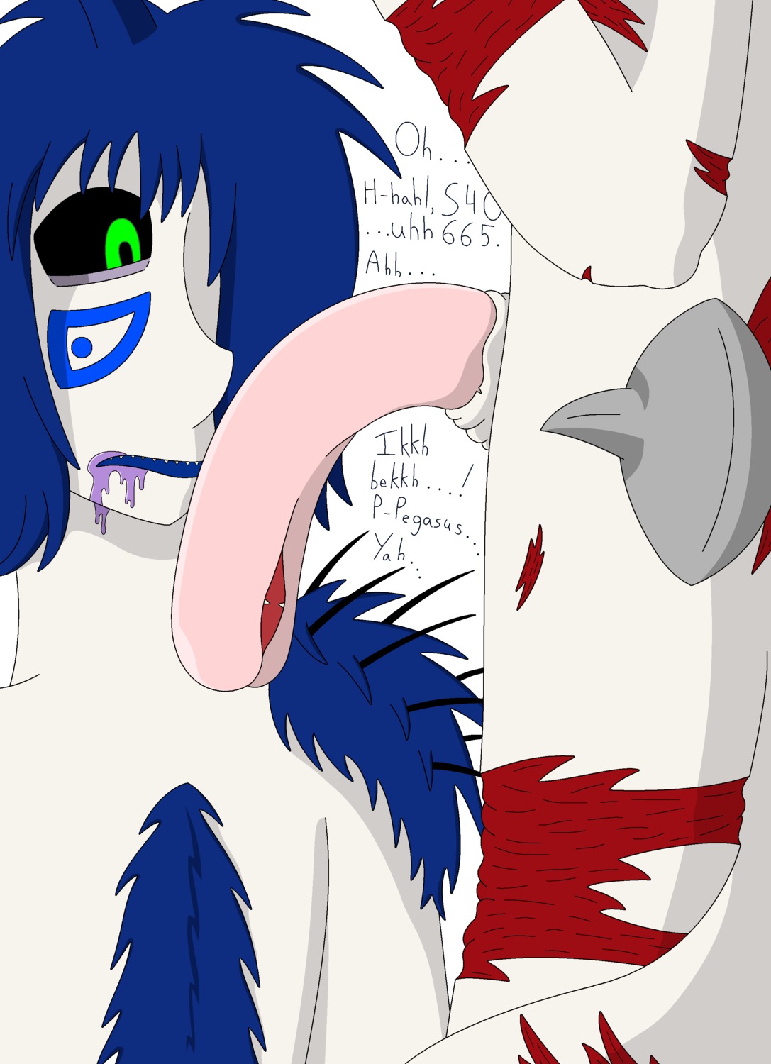 apalled blue_hair chest_tuft cum drooling flaccid green_eyes high_resolution humor male pegasus_(character) penis purple_cum rule34 scar sharp_teeth sheath simple_background spines syrvive tail tuft unusual_anatomy unusual_genitalia unusual_penis