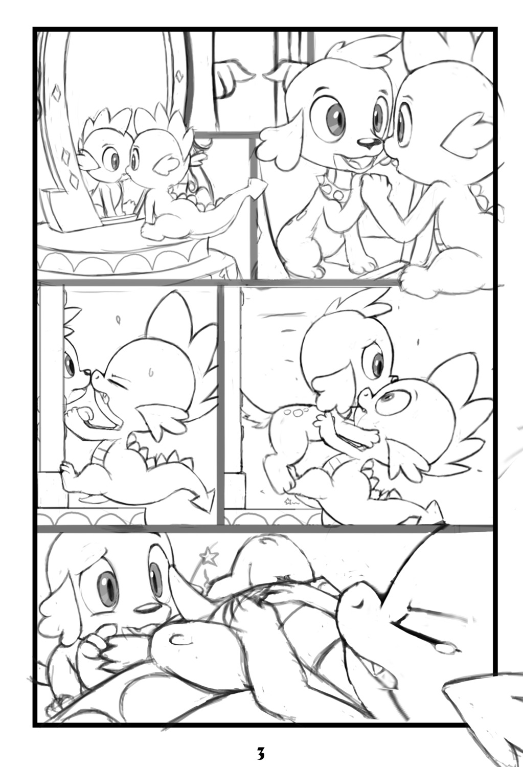 2013 absurd_res canid canine canis collar comic conditional_dnp domestic_dog dragon duo e621 equestria_girls erection feral friendship_is_magic genitals hasbro hi_res looking_at_mirror looking_at_object male mammal mirror monochrome my_little_pony mythological_creature mythological_scalie mythology pain penis percussive_arousal reflection scalie spike_(eg) spike_(mlp) square_crossover star tail tricksta young
