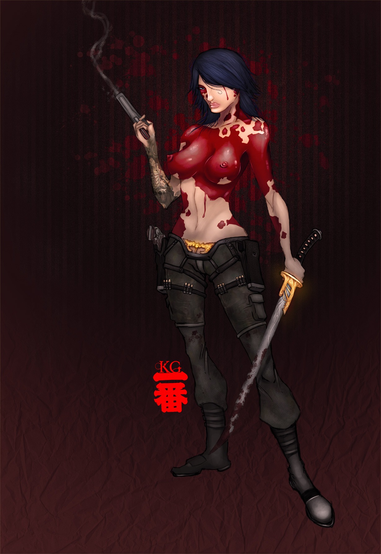 1girls artist_request blood breasts casual female female_only firearm footwear handgun human nipples pale_skin revolver rubi_malone rule34 solo sword topless weapon wet_(game)