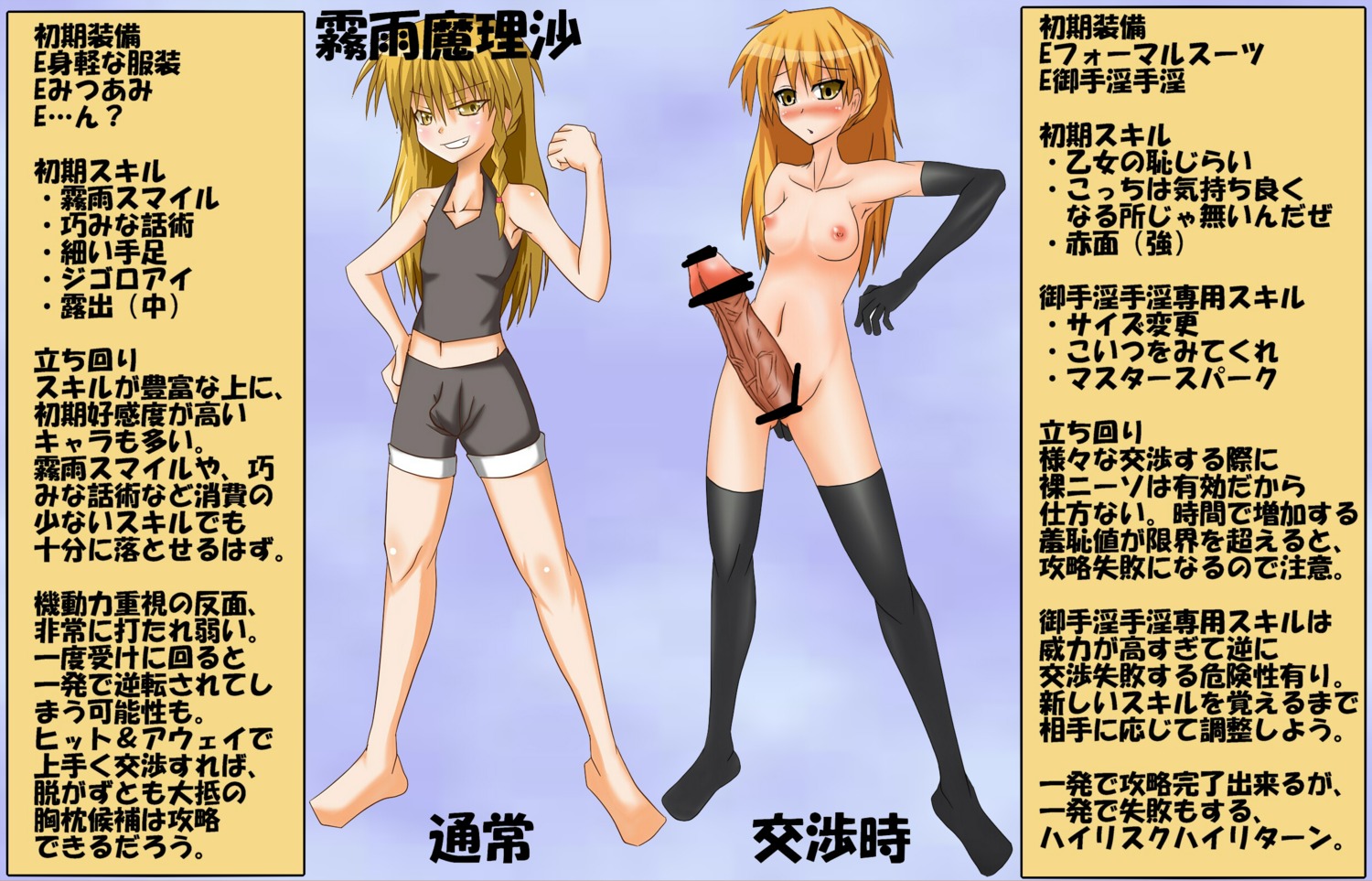 black_gloves black_legwear black_thighhighs blonde_hair blush censored elbow_gloves futanari gloves highres intersex marisa_kirisame rule34 thighhighs touhou translation_request