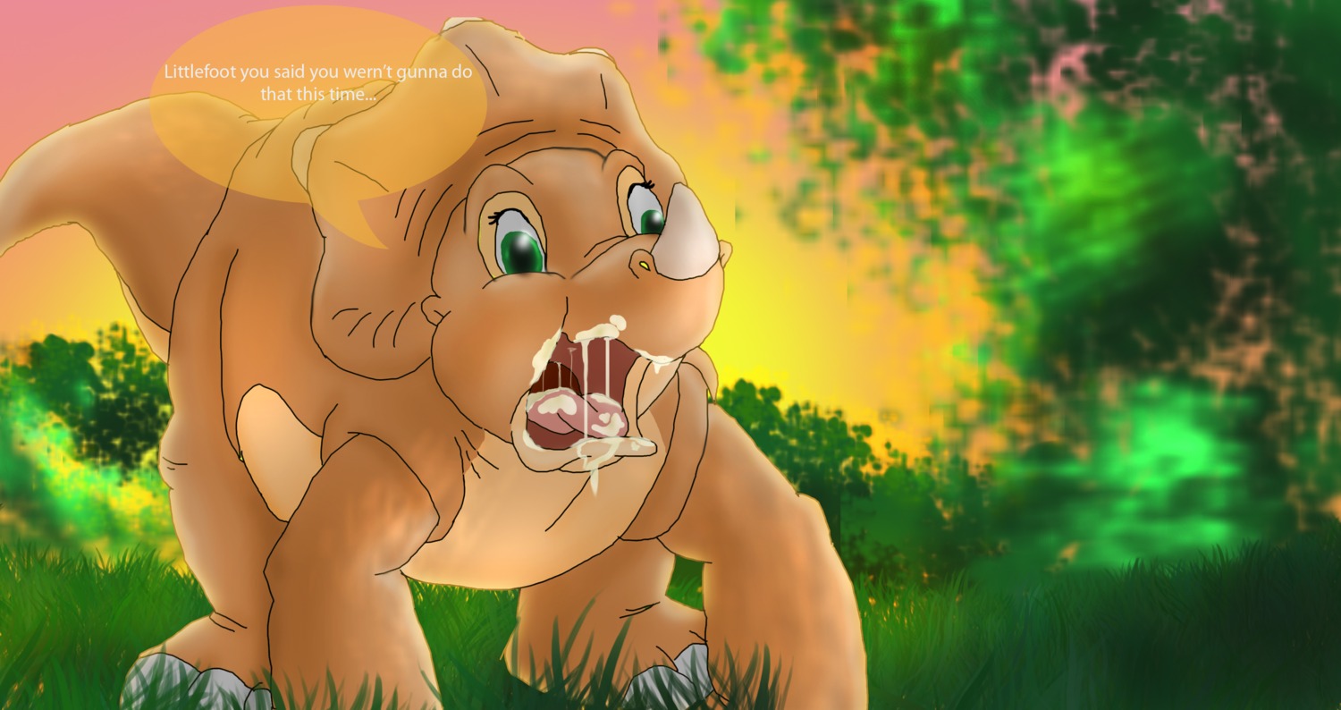 1girls after_fellatio after_sex cera cub cum cum_in_mouth cum_inside dinosaur don_bluth english_text female female_only feral littlefoot outdoors reptile rule34 scalie solo text the_land_before_time torinsangel