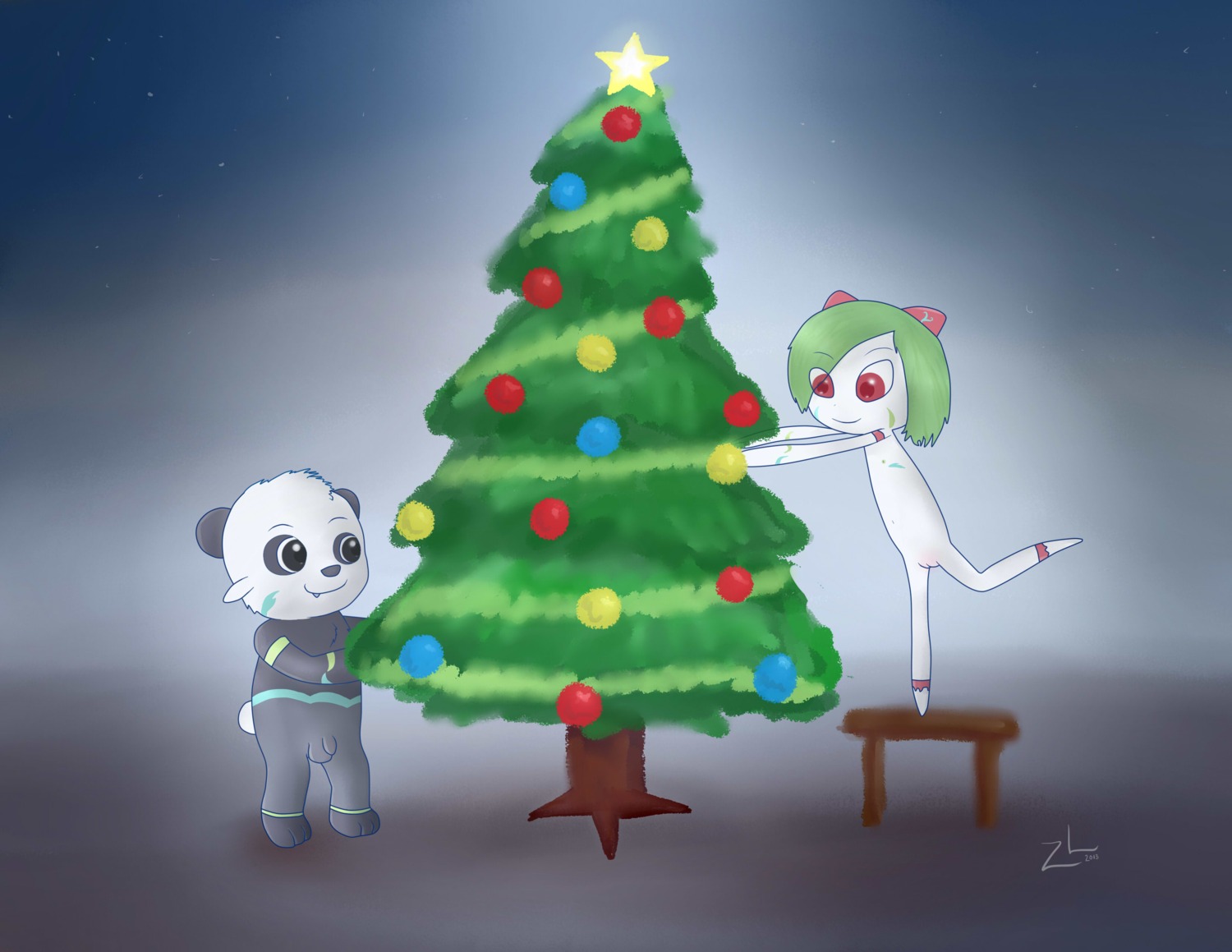 2013 absurd_res adam_(zeklullaby) balls bear black_eyes christmas christmas_star christmas_tree christmas_tree_topper digital_media_(artwork) duo e621 eve_(zeklullaby) female flaccid foreskin fur generation_3_pokemon generation_6_pokemon genitals green_hair hair hi_res holidays humanoid humanoid_genitalia humanoid_penis inside kirlia male mammal narrow_hips nintendo nipples nude pancham penis plant pokemon pokemon_(species) red_eyes slim smile standing thin_calves thin_legs thin_thighs tree young zeklullaby
