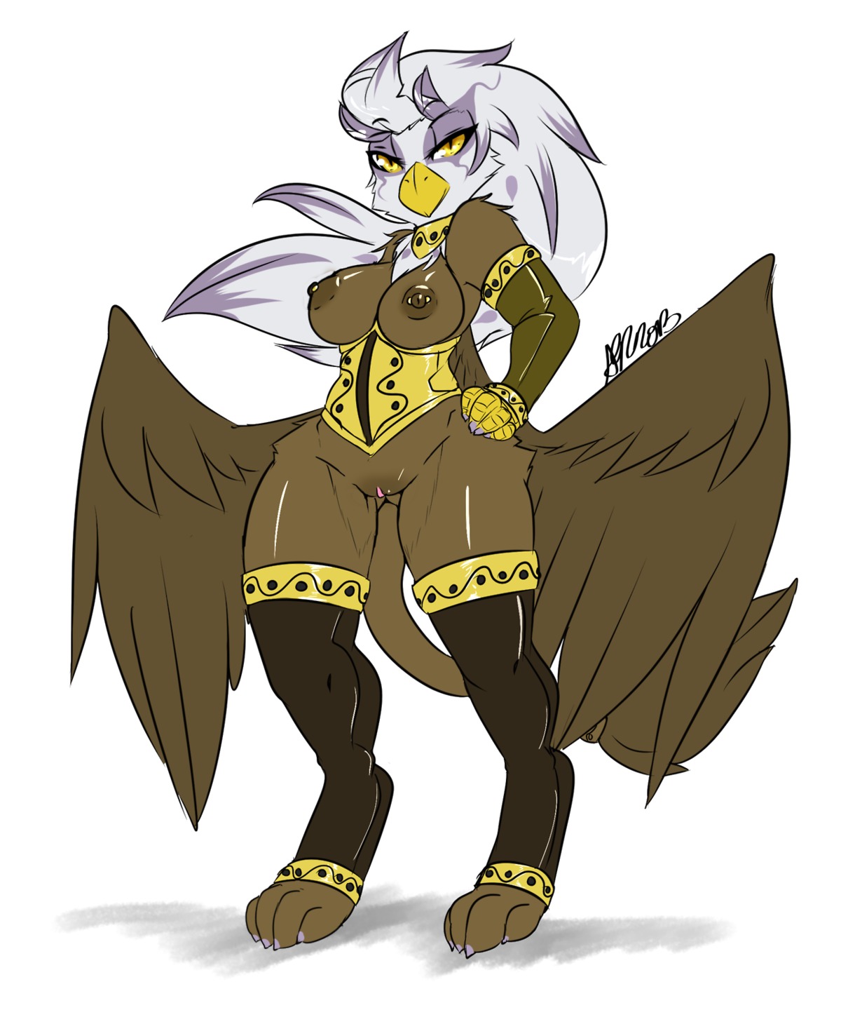 2013 5:6 anthro anthrofied armor avante92 avian beak breasts brown_body brown_feathers brown_fur clothed clothing e621 feathered_wings feathers female friendship_is_magic fur genitals gilda_(mlp) gryphon hasbro hi_res looking_at_viewer my_little_pony mythological_avian mythological_creature mythology nipples non-mammal_breasts non-mammal_nipples purple_body purple_feathers skimpy solo tail thick_thighs vulva white_body white_feathers white_fur wide_hipped_anthro wide_hipped_female wide_hips wings yellow_eyes