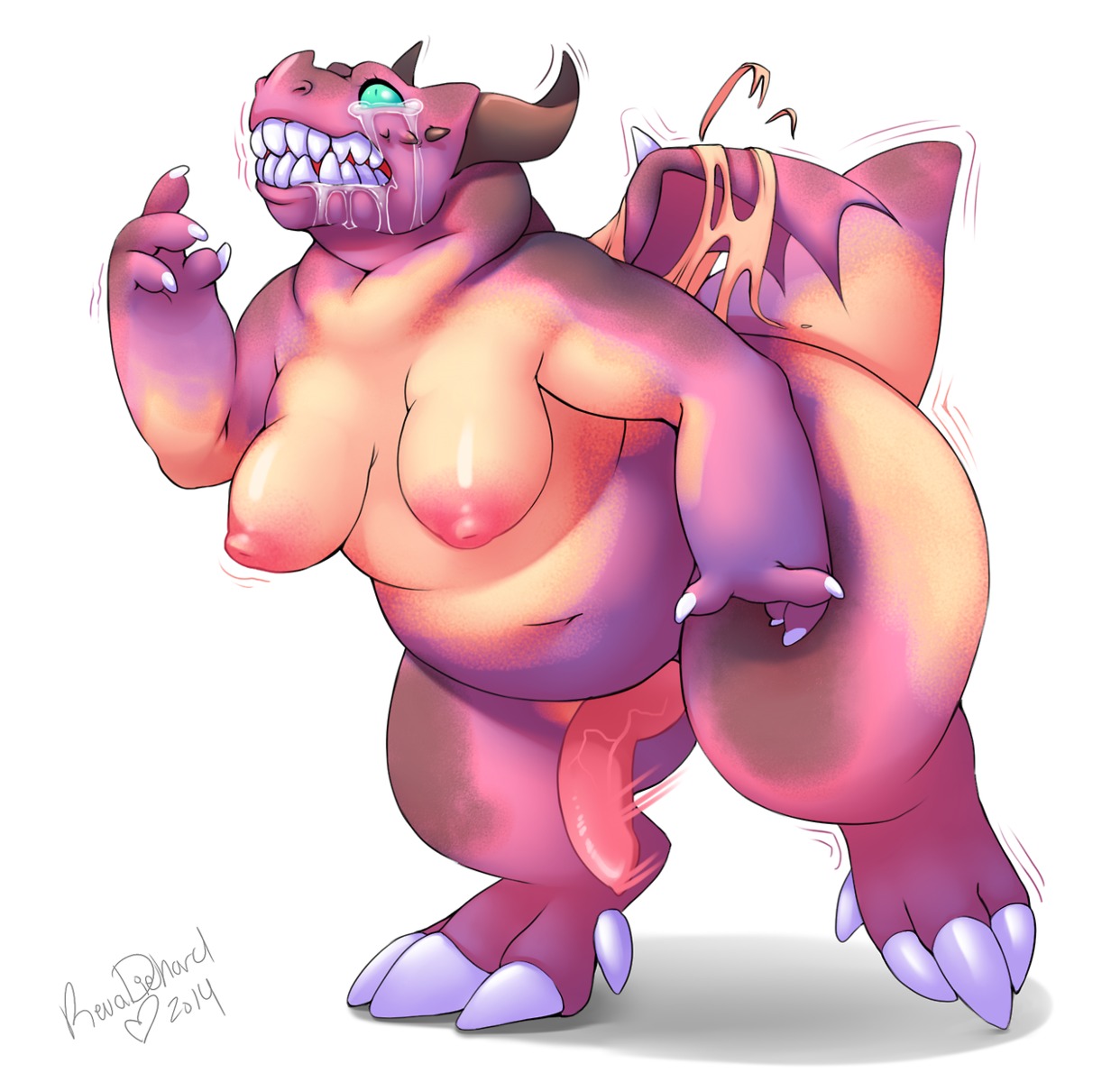 2014 anthro areola belly biped blue_eyes bodily_fluids breasts claws crying dragon e621 erection fangs feet genitals gynomorph hi_res hindpaw horn intersex inverted_nipples membrane_(anatomy) membranous_wings mythological_creature mythological_scalie mythology navel nipples non-mammal_breasts non-mammal_nipples nude overweight overweight_anthro overweight_gynomorph overweight_intersex paws penis purple_body purple_skin reptile revadiehard scalie simple_background solo spikes standing tail tears teeth thick_tail thick_thighs transformation vein veiny_penis white_background wings
