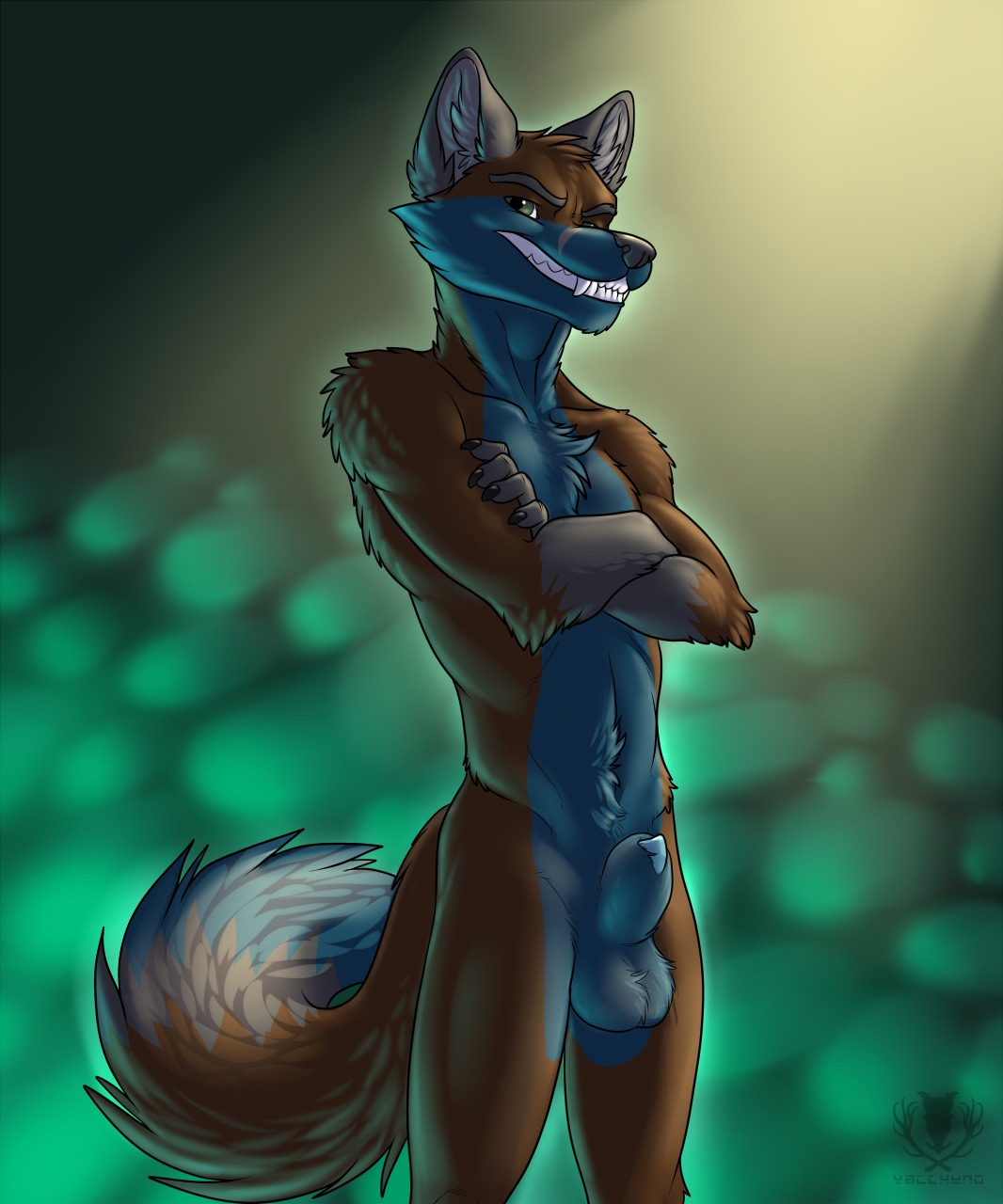 2014 abstract_background animal_genitalia animal_penis anthro balls biped black_nose blue_body blue_fur blue_penis brown_body brown_fur canid canine canine_genitalia canine_penis claws crossed_arms digital_media_(artwork) e621 fangs fox fur genitals green_eyes grey_body grey_fur grin hi_res looking_at_viewer male mammal nude penis penis_tip portrait pose razluz sheath simple_background smile solo standing tail teeth three-quarter_portrait vallhound