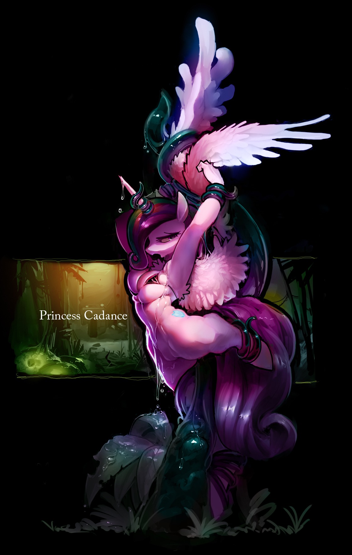 2013 anthro anthrofied bound breasts cutie_mark derekireba e621 equid equine feathered_wings feathers female friendship_is_magic hair hasbro hi_res horn mammal multicolored_hair my_little_pony mythological_creature mythological_equine mythology nude pink_body pink_feathers princess_cadance_(mlp) solo tentacles wet winged_unicorn wings