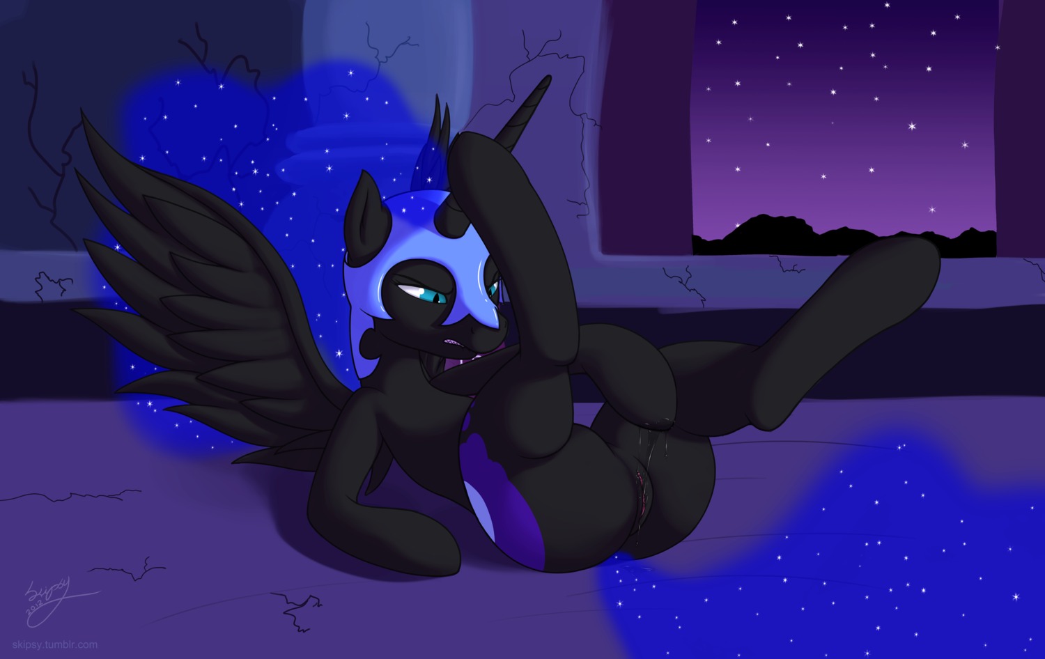 black_body black_feathers bodily_fluids cutie_mark e621 equid equine feathered_wings feathers female feral friendship_is_magic genital_fluids genitals hasbro hi_res horn lying mammal masturbation my_little_pony mythological_creature mythological_equine mythology nightmare_moon_(mlp) nude on_back skipsy solo tail vaginal vaginal_fluids vaginal_masturbation vulva winged_unicorn wings