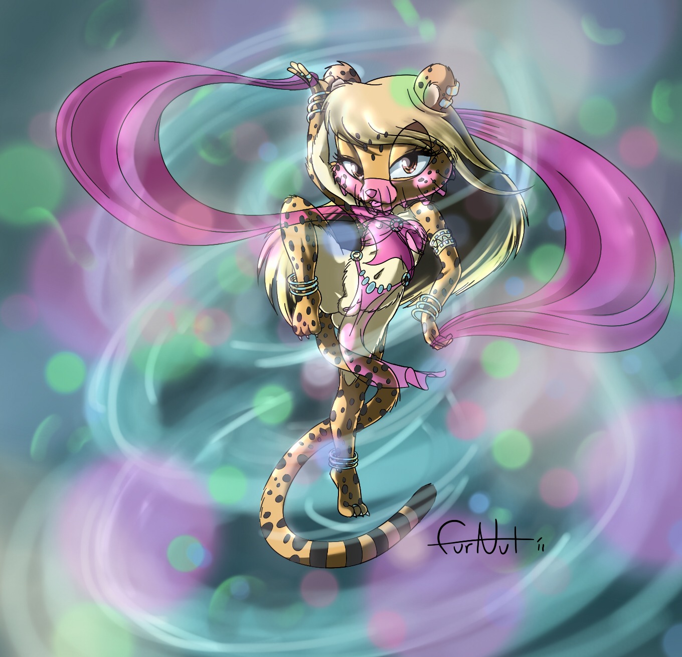 2011 abstract_background anthro biped brown_eyes cheetah clothing e621 ear_piercing felid feline female furnut genitals hi_res jewelry looking_at_viewer mammal on_one_leg piercing raised_leg signature simple_background solo spread_legs spreading standing tail translucent vulva young young_anthro young_female
