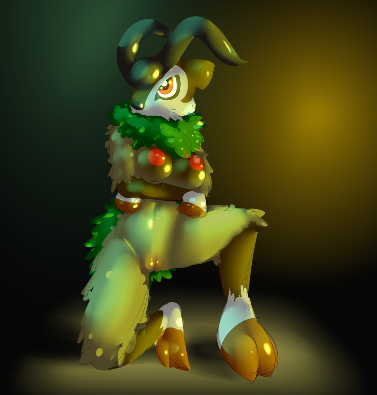 2013 anthro bovid breasts caprine digital_media_(artwork) e621 elpatrixf female generation_6_pokemon genitals goat gogoat hi_res hooves horn mammal nintendo nipples pokemon pokemon_(species) pokemorph simple_background solo vulva