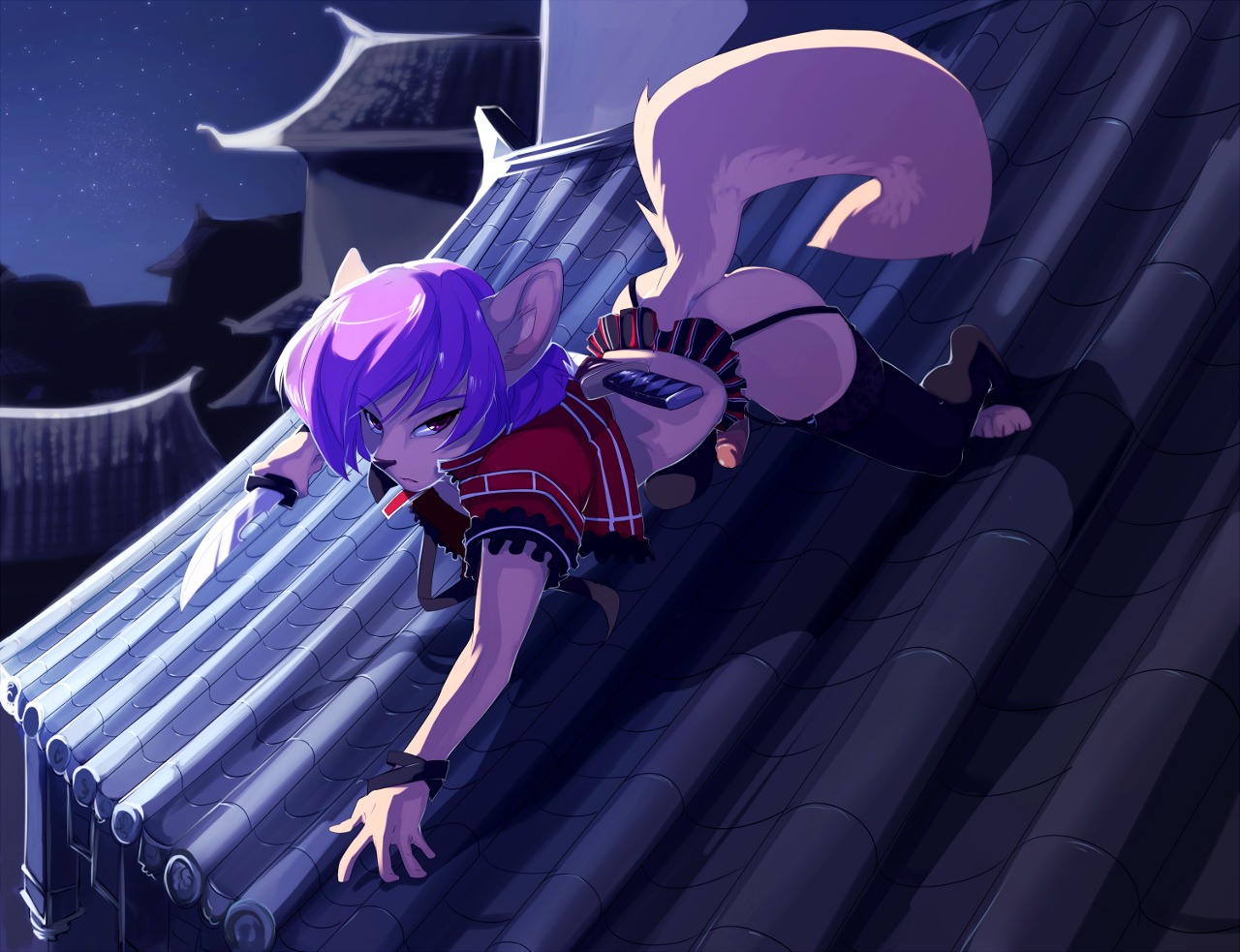 all_fours anthro bottomwear canid canine clothed clothing detailed_background e621 erection femboy fenix_(fenix-fox) fox garter_belt garter_straps genitals hair humanoid_genitalia humanoid_penis katana knife legwear light looking_at_viewer male mammal melee_weapon moonlight night on_roof outside panties penis peritian purple_hair red_eyes rooftop shirt skimpy skirt solo star stockings sword tail thigh_highs topwear underwear weapon