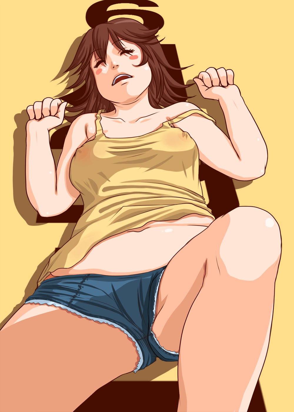 blush breasts brown_hair closed_eyes female highres kamisuki medium_breasts open_mouth plump rule34 shorts tank_top