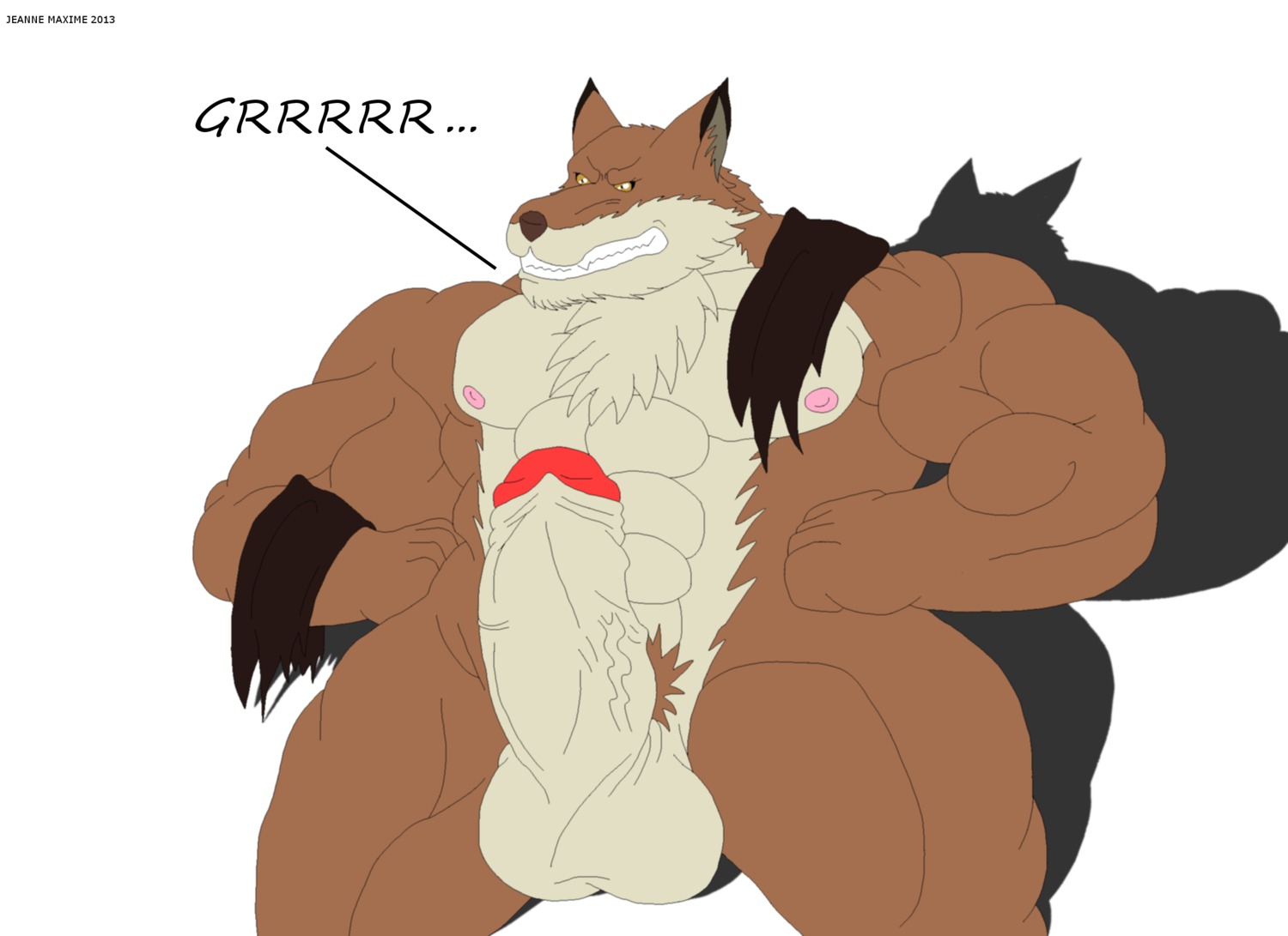 2013 abs angry anthro balls biceps big_muscles big_penis biped bleach_(series) brown_body brown_fur canid canine canis clothing e621 erection flexing fur genitals hi_res looking_at_viewer male mammal maxime-jeanne muscular muscular_anthro muscular_male nipples nude pecs penis pose sajin_komamura solo standing tan_body tan_fur text thick_penis vein wolf yellow_eyes