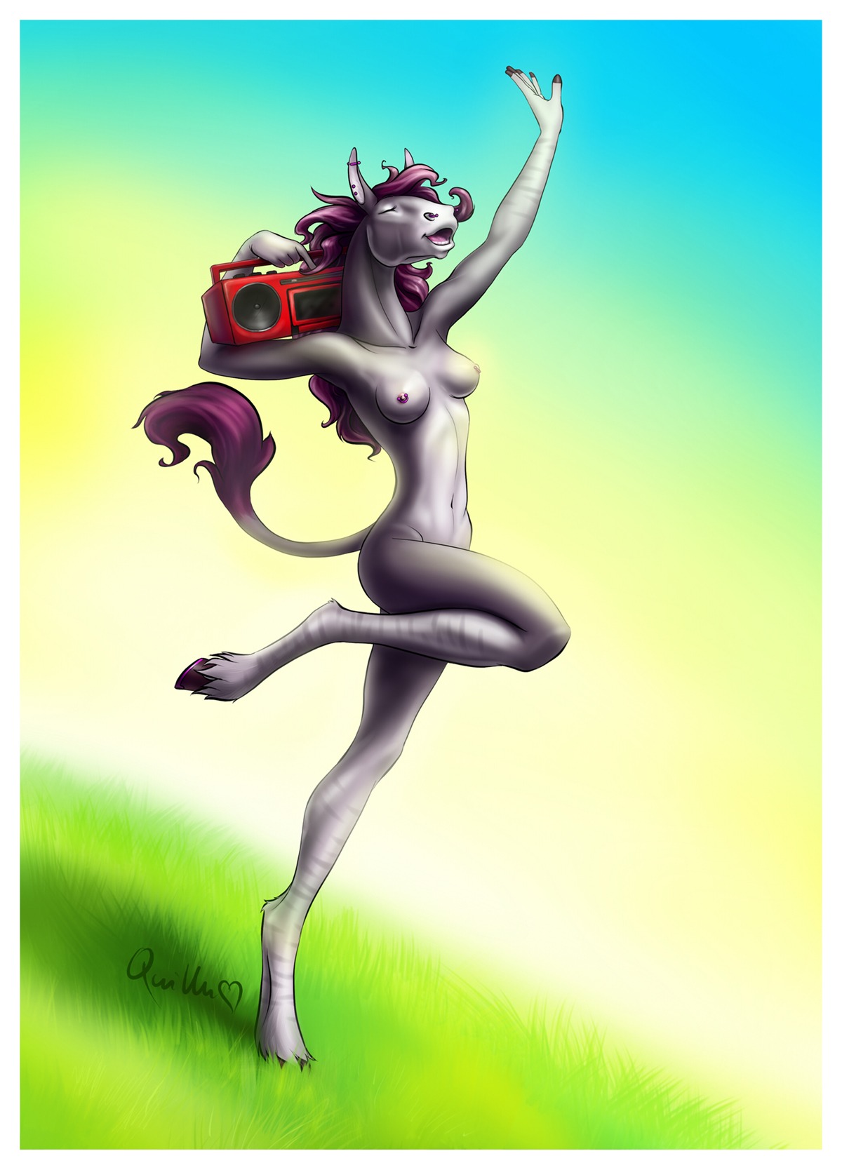 anthro asinus border breasts dancing digital_media_(artwork) donkey e621 ear_piercing electronics equid equine female fur grey_body grey_fur hi_res industrial_piercing mammal murasaki murasaki_(furrine) nipple_piercing nipples nude piercing quillu radio solo tail tail_tuft tuft white_border
