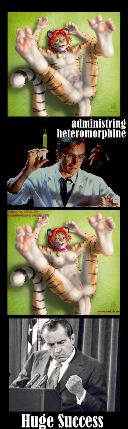 anthro butt countershading drugs e621 english_text felid female gender_transformation group hi_res human joshua_(zenthetiger) looking_at_viewer lying mad_scientist male mammal markings meme mixed_media nude on_back pantherine presenting presenting_hindquarters reanimator richard_nixon ring_(marking) ringed_tail solo_focus striped_markings striped_tail stripes tail tail_markings text third-party_edit tiger transformation zenthetiger