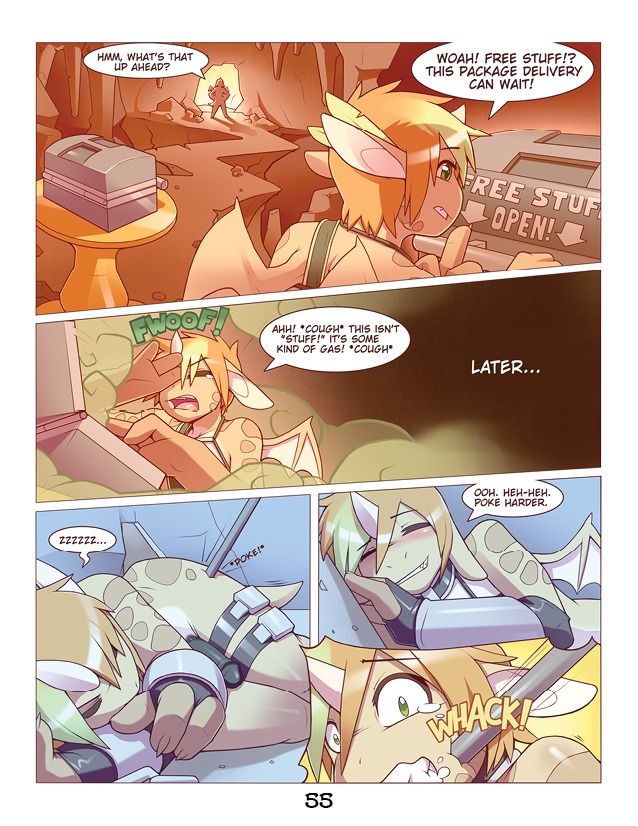 comic dialogue digital_media_(artwork) duo e621 english_text eyes_closed flaccid genitals humanoid_genitalia humanoid_penis male penis poking scalie shooting_the_messenger sleeping sleeping_gas slyus stick text trap_(contrivance) unigan