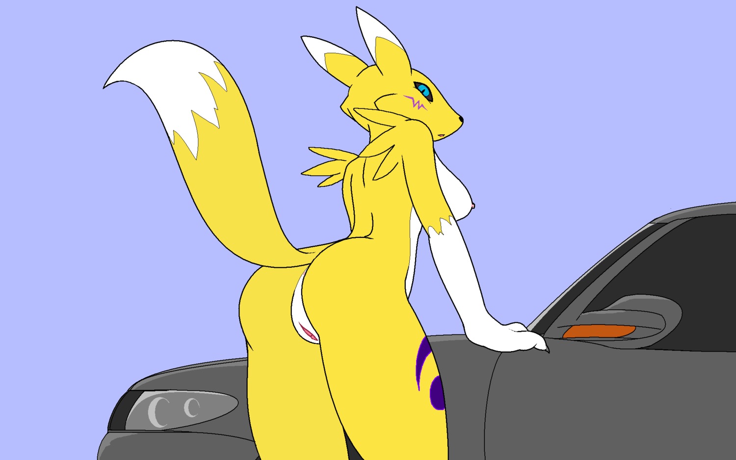 anthro ass audi breasts canine car darkdoomer digimon digimon_(species) female female_only flat_colors fox nude patachu pussy raised_tail renamon rule34 solo standing tagme tail yellow_fur