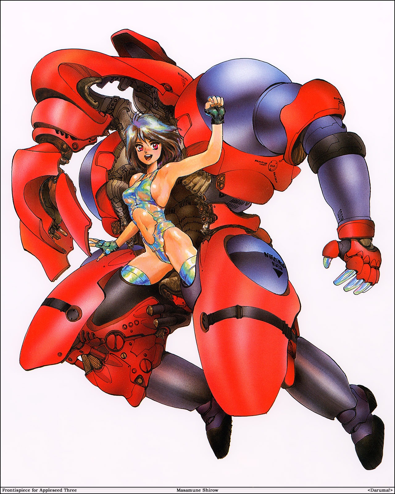 appleseed armpits breasts brown_hair female fingerless_gloves gloves happy high_res highres hitomi_(appleseed) intron_depot leotard mecha midriff oldschool oppai red_eyes rule34 shirou_masamune shirow_masamune short_hair sideboob thighhighs white_background