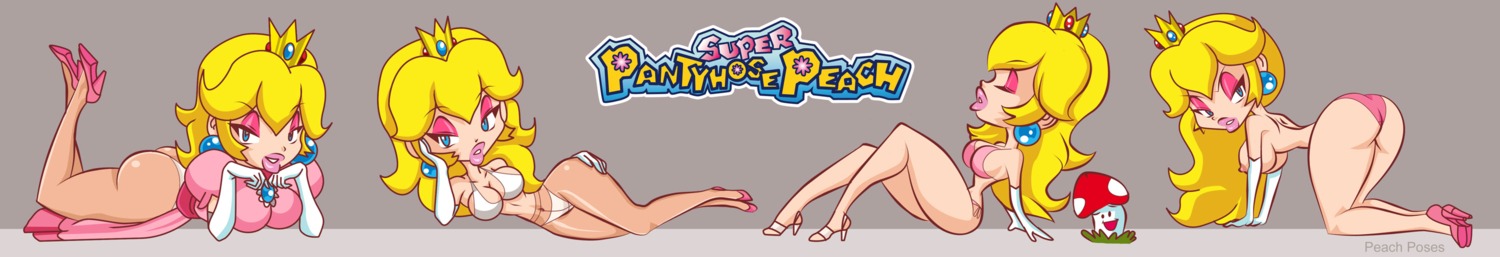 ass blonde_hair breasts crown dress earrings eyeshadow female gem hair hanging_breasts high_heels highres jewelry large_breasts looking_at_viewer mario_(series) mushroom nintendo nipples no_bra panties panties_only pantyhose pose princess princess_peach rule34 sergevirusx smile straight_hair super_princess_peach