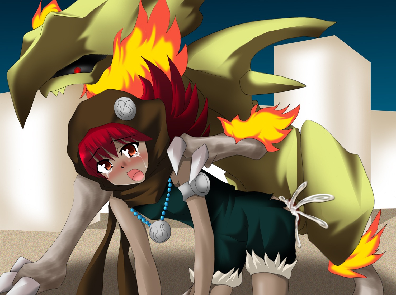 1girls aketake all_fours blush censored claws clothed_sex dark_skin duel_monster female hood laval_forest_sprite necklace open_mouth rape red_eyes red_hair rule34 tears torn_clothes volcanic_counter yu-gi-oh!