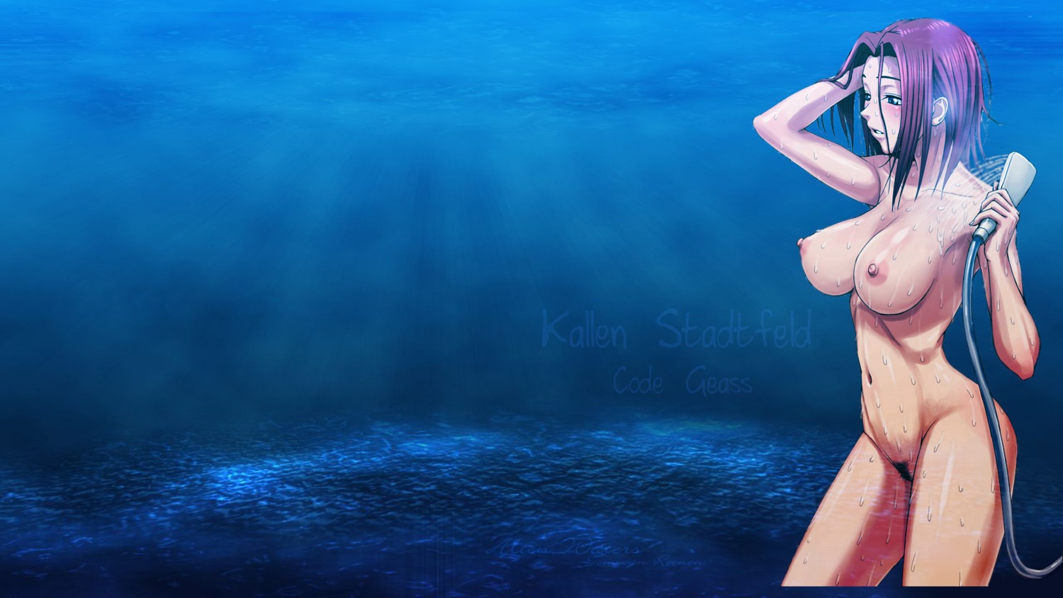 1girls blue_eyes blush breasts code_geass erect_nipples female female_only highres human kallen_stadtfeld large_breasts nipples nude pubic_hair rule34 shower solo uncensored underwater wallpaper water wet