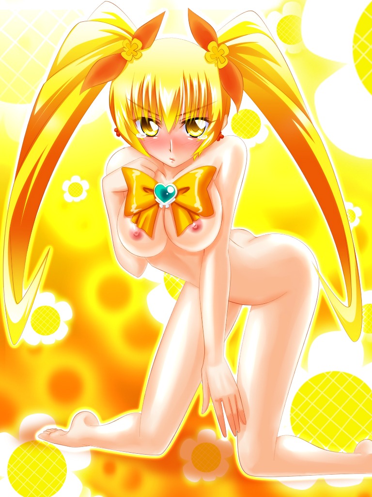 blonde_hair breasts cure_sunshine engo_(aquawatery) female hair_ribbon heart heartcatch_precure! heartcatch_pretty_cure! itsuki_myoudouin kneeling long_hair magical_girl medium_breasts myoudouin_itsuki nude nude_female precure pretty_cure ribbon rule34 solo sunflowers tear teary_eyes tied_hair twintails yellow_background yellow_eyes yellow_theme