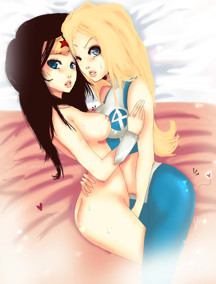 2girls black_hair blonde_hair blue_eyes breasts crossover dc dc_comics deviantart diana_prince donnis fantastic_four female female_only human human_only invisible_woman light-skinned_female light_skin looking_at_viewer marvel marvel_comics multiple_females multiple_girls nipples rule34 skin_tight sue_storm watermark wink wonder_woman wonder_woman_(series) yuri