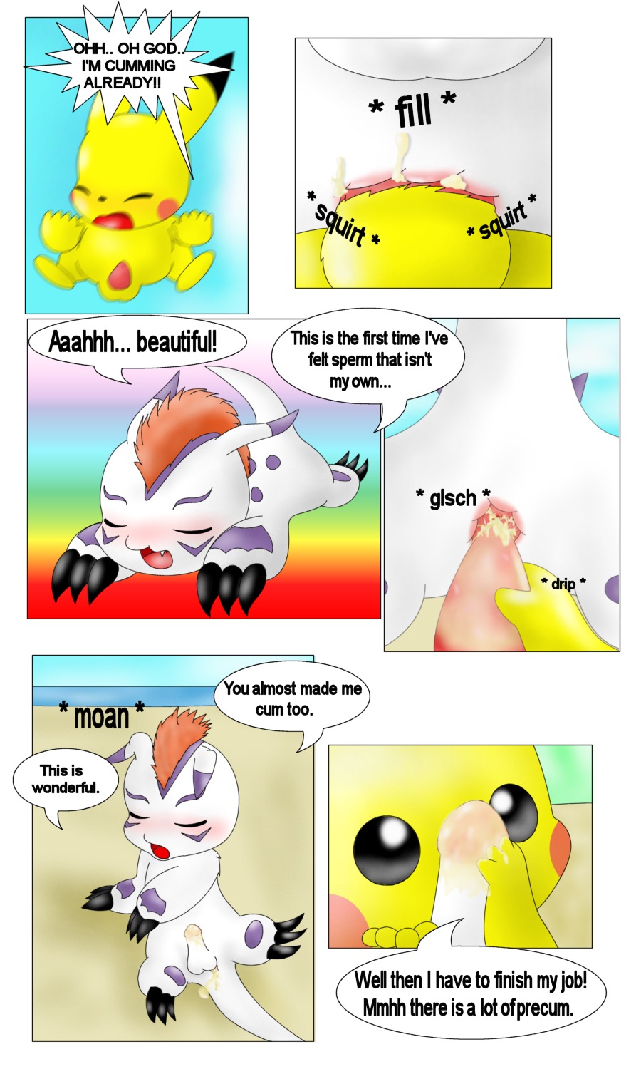 3:5 anal animal_genitalia anus balls bandai_namco beach blush bodily_fluids claws comic crossover cum curby dialogue digimon digimon_(species) duo e621 eager english_text erection fur generation_1_pokemon genital_fluids genitals gomamon hi_res licking male male/male male_penetrated male_penetrating male_penetrating_male mammal multiple_scenes nintendo outside penetration penis pikachu pokemon pokemon_(species) rodent seaside sex sheath text tongue tongue_out yellow_body yellow_fur