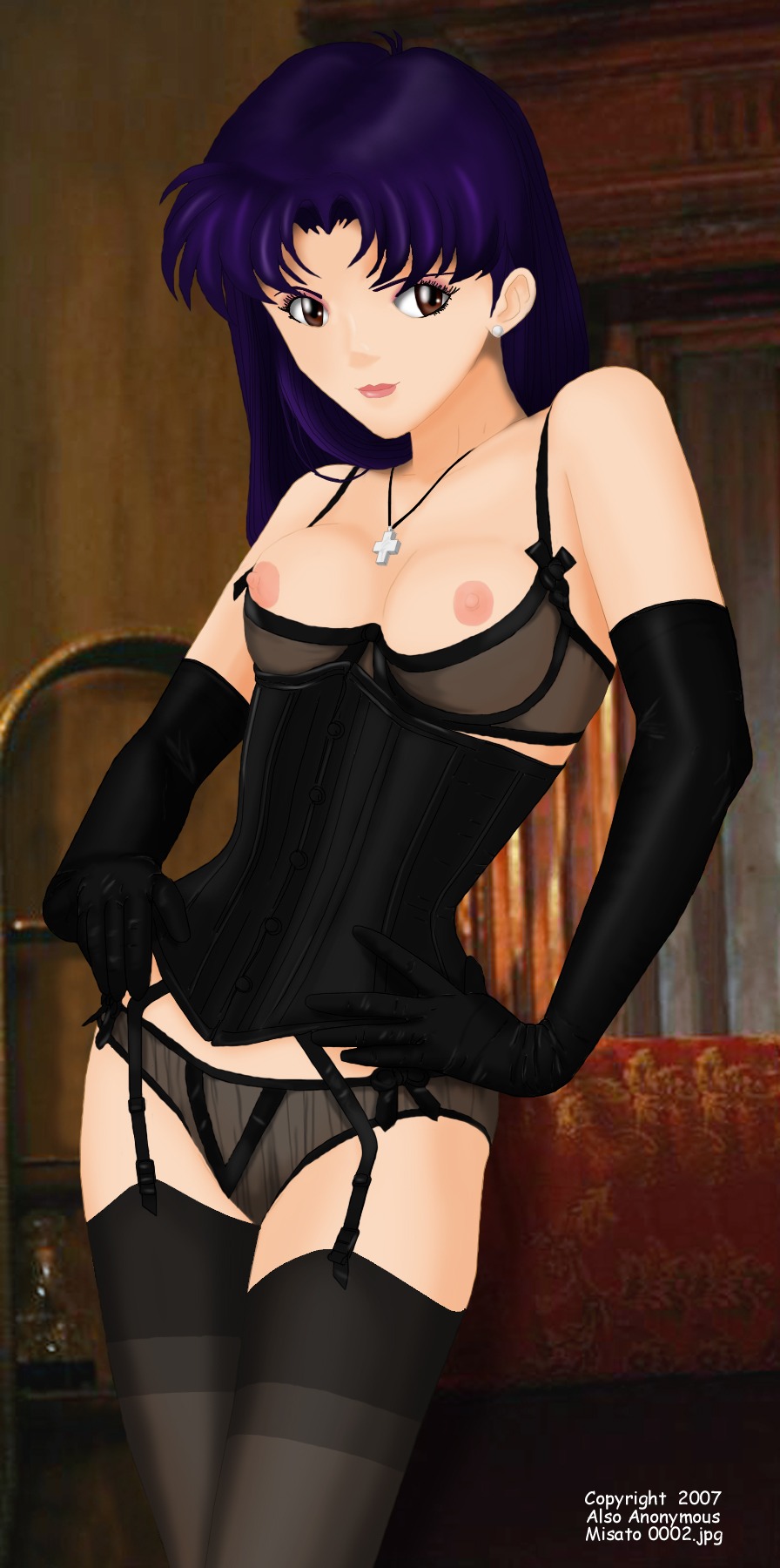 2007 also_anonymous bra breasts clothing female human light-skinned_female light_skin long_hair medium_breasts misato_katsuragi neon_genesis_evangelion panties purple_hair rule34 stockings tagme