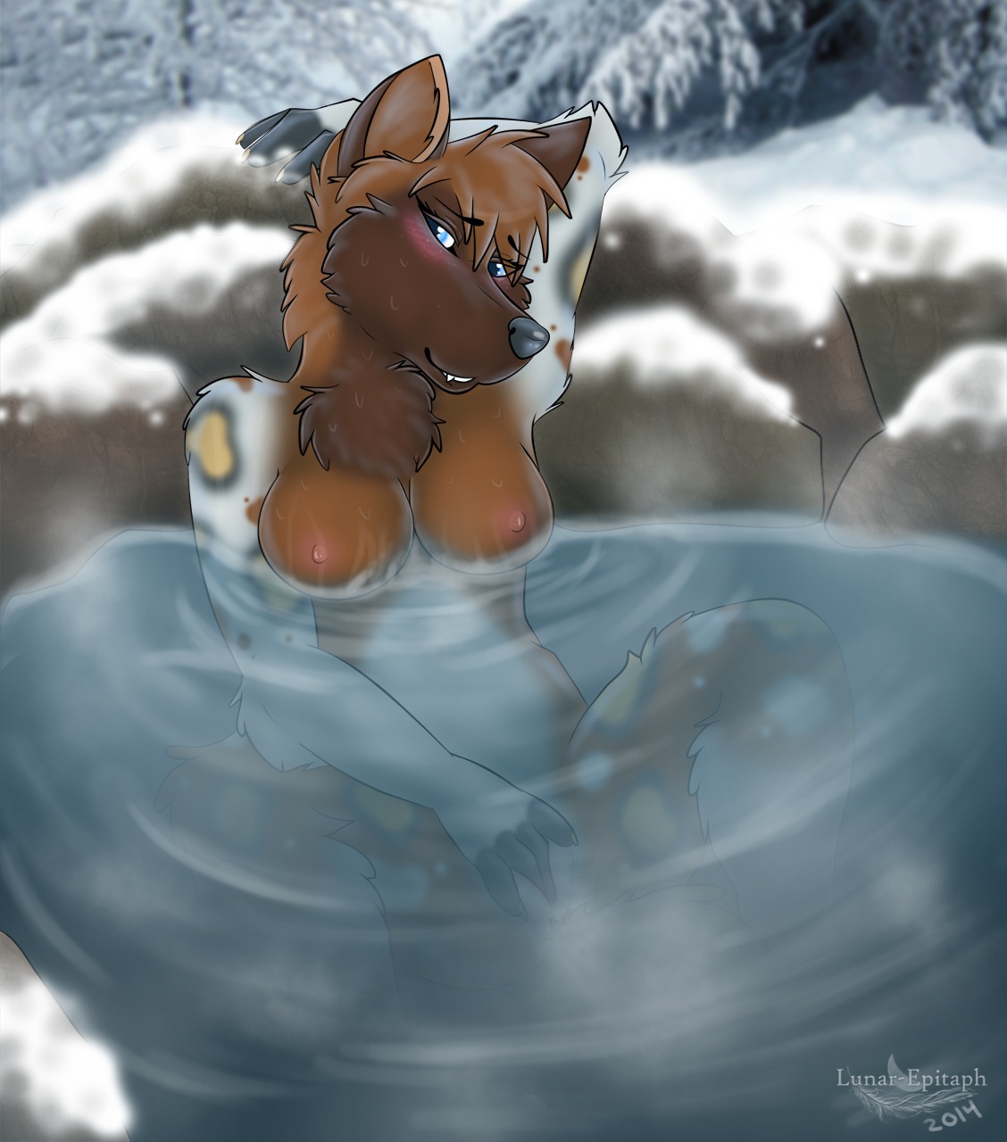 2014 african_wild_dog anthro blush breasts brown_hair canid canine chest_tuft e621 female fingering fingering_self fur genitals hair hi_res lunar_epitaph mammal masturbation nipples nude solo spread_legs spreading tuft vaginal vaginal_masturbation vulva water wet