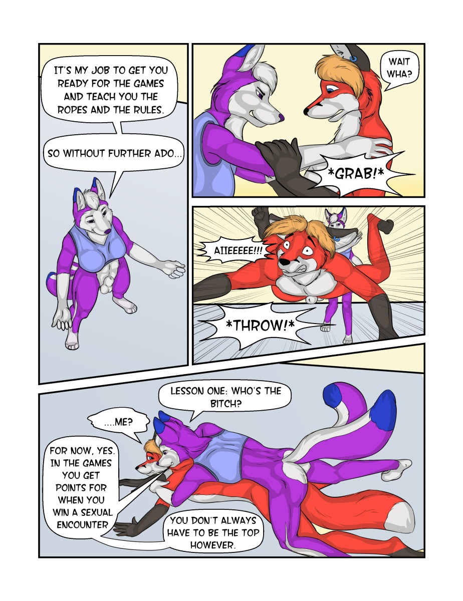 2_tails abs animal_genitalia anthro arm_grab balls black_body black_fur blue_body blue_compression_bra blue_fur bottomless breasts butt canid canine clothed clothing coach college college_student comic compression_bra conjoined_speech_bubble cynder_nightshadow dialogue digital_media_(artwork) duo e621 ear_piercing english_text fox fully_sheathed fur genitals gynomorph hair hand_on_shoulder hi_res inside intersex male mammal motion_lines multi_tail multicolored_body multicolored_fur muscular muscular_male nude penis piercing pinned pinned_to_ground pinning_down pounce public public_nudity red_body red_fur school sheath shoulder_grab simple_background smile smirk speech_bubble standing student sunitai tail text throwing throwing_character white_body white_fur wide_eyed yelling zander_softpaws