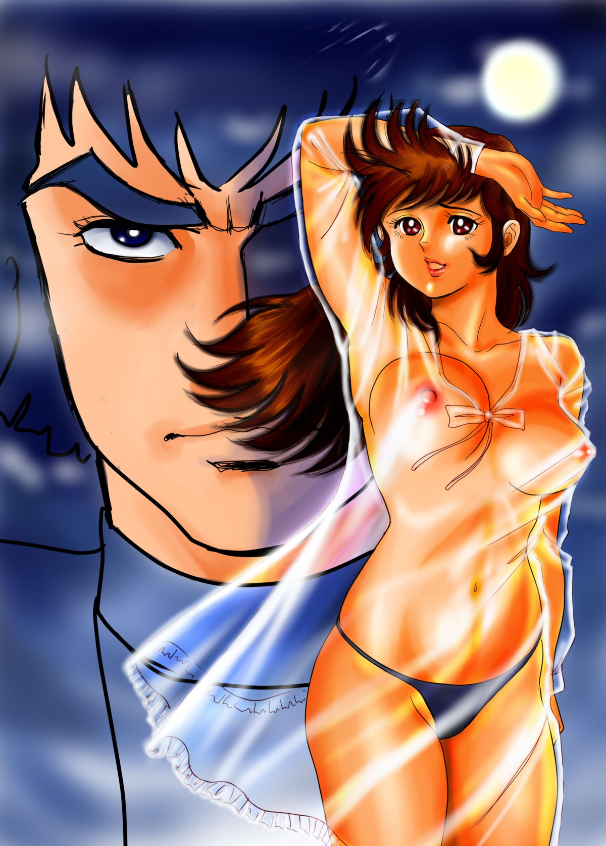 1girls 2009 breasts brown_eyes brown_hair dark-skinned_female dark_skin female great_mazinger human jun_hono large_breasts long_hair mazinger nipples panties rule34 tatuya2008 tetsuya_tsurugi transparent_clothing