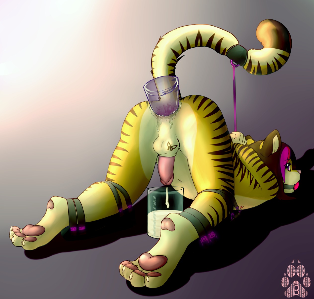 absurd_res anal anal_penetration ankle_cuffs ball_gag balls bdsm bodily_fluids bondage bound cuff_(restraint) cum cum_in_a_cup cum_in_container digital_media_(artwork) dildo e621 erection felid femboy gag gagged genital_fluids genitals hi_res humanoid_genitalia humanoid_penis male mammal nude paint_tool_sai_(artwork) pantherine paws penetration penile penis penis_milking raineshadowpaw restraints sex_toy shackles solo submissive submissive_male tail tail_bondage tail_tied tattoo tiger