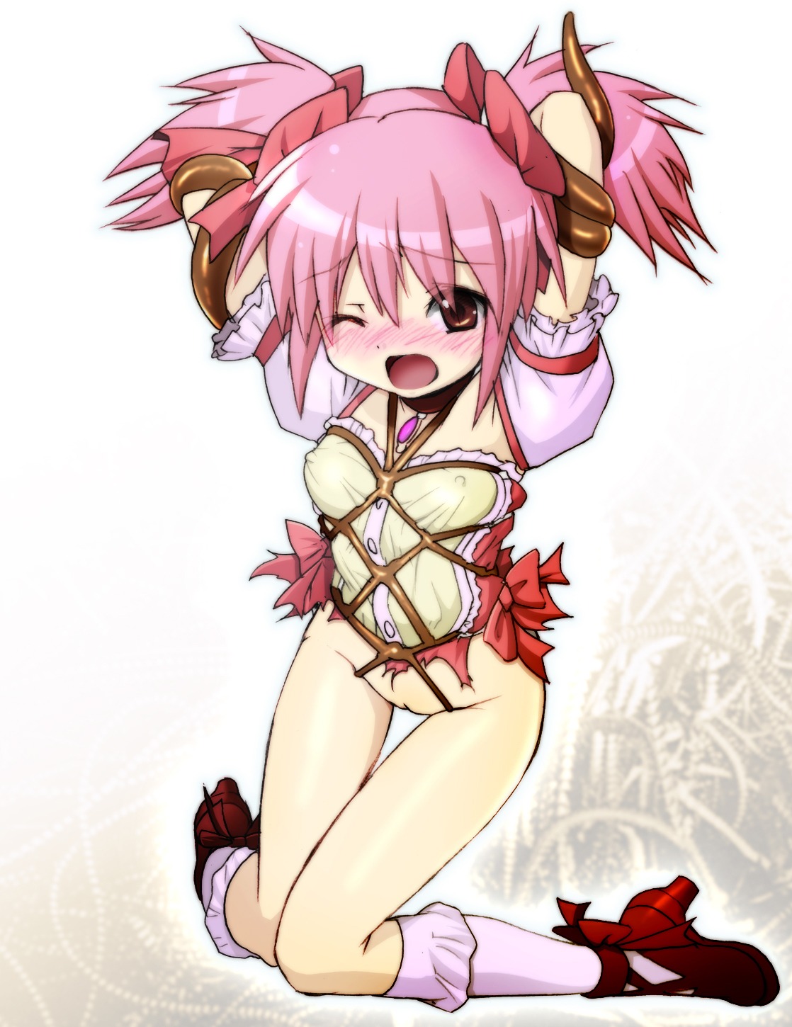 blush bondage bottomless erect_nipples female harukigenia highres human madoka_kaname mahou_shoujo_madoka_magica mary_janes nipples pink_hair pussy rule34 shoes socks wink