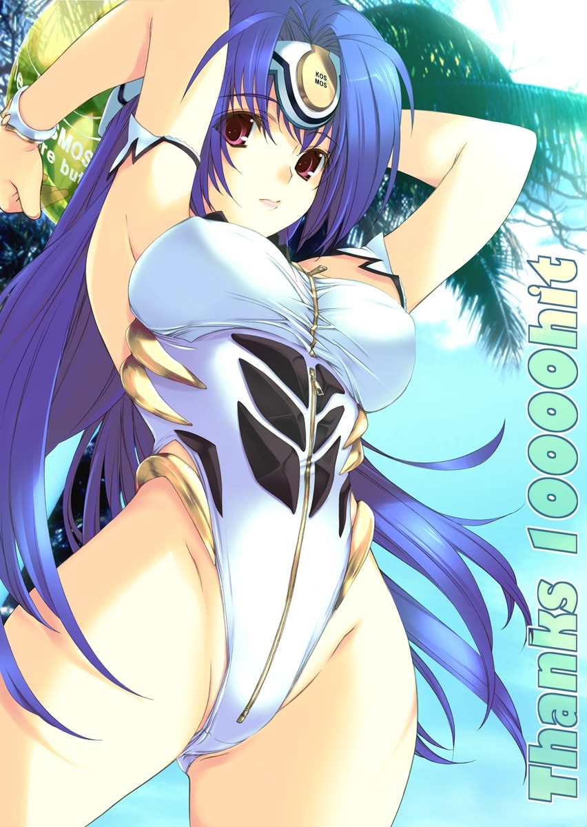 1girls armpits arms_up blue_hair bracelet breasts female highres hits iizuki_tasuku jewelry kos-mos long_hair milestone_celebration one-piece_swimsuit purple_hair red_eyes rule34 solo swimsuit volleyball xenosaga xenosaga_episode_i zipper