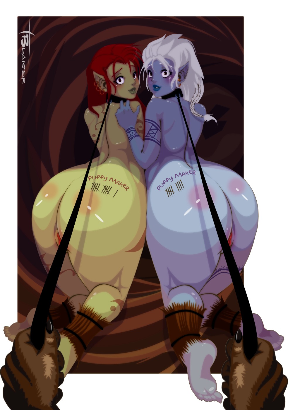 2girls ass blue_skin earrings female green_skin leash multiple_females multiple_girls orc orc_female pointy_ears pussy red_hair rule34 slave talblaiser troll troll_female warcraft white_hair worgen world_of_warcraft
