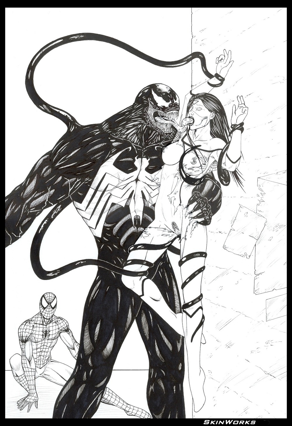 1girls 2boys black_and_white female human jessica_drew male marvel marvel_comics monochrome monster peter_parker rule34 skin-works spider-man spider-man_(series) spider-woman straight straight_hair symbiote venom_(marvel)
