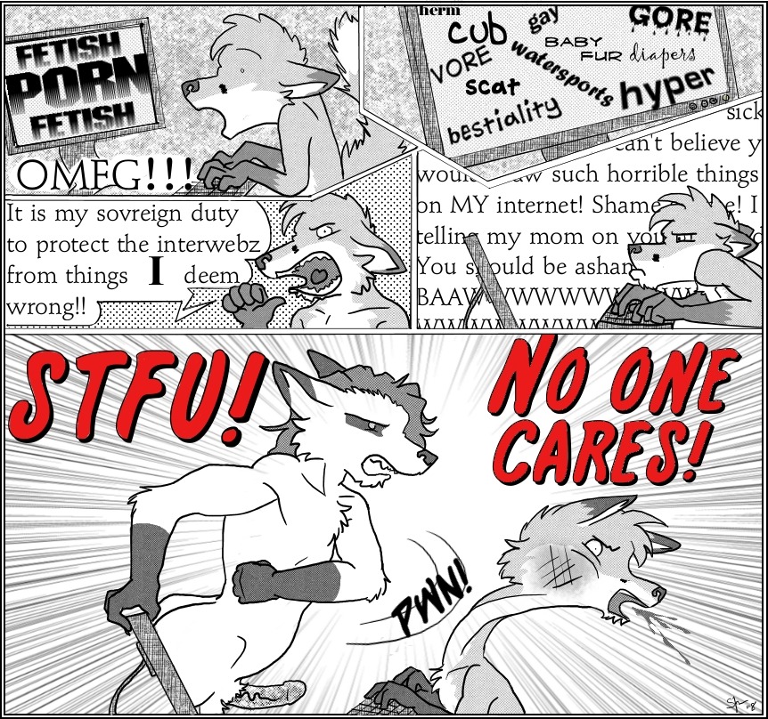 2008 abuse anon_(anon_ihmus) anon_ihmus anthro black_and_white canid canine caption comic computer dialogue duo e621 electronics english_text erection fox genitals humanoid_genitalia humanoid_penis male mammal monochrome penis shocked spot_color text