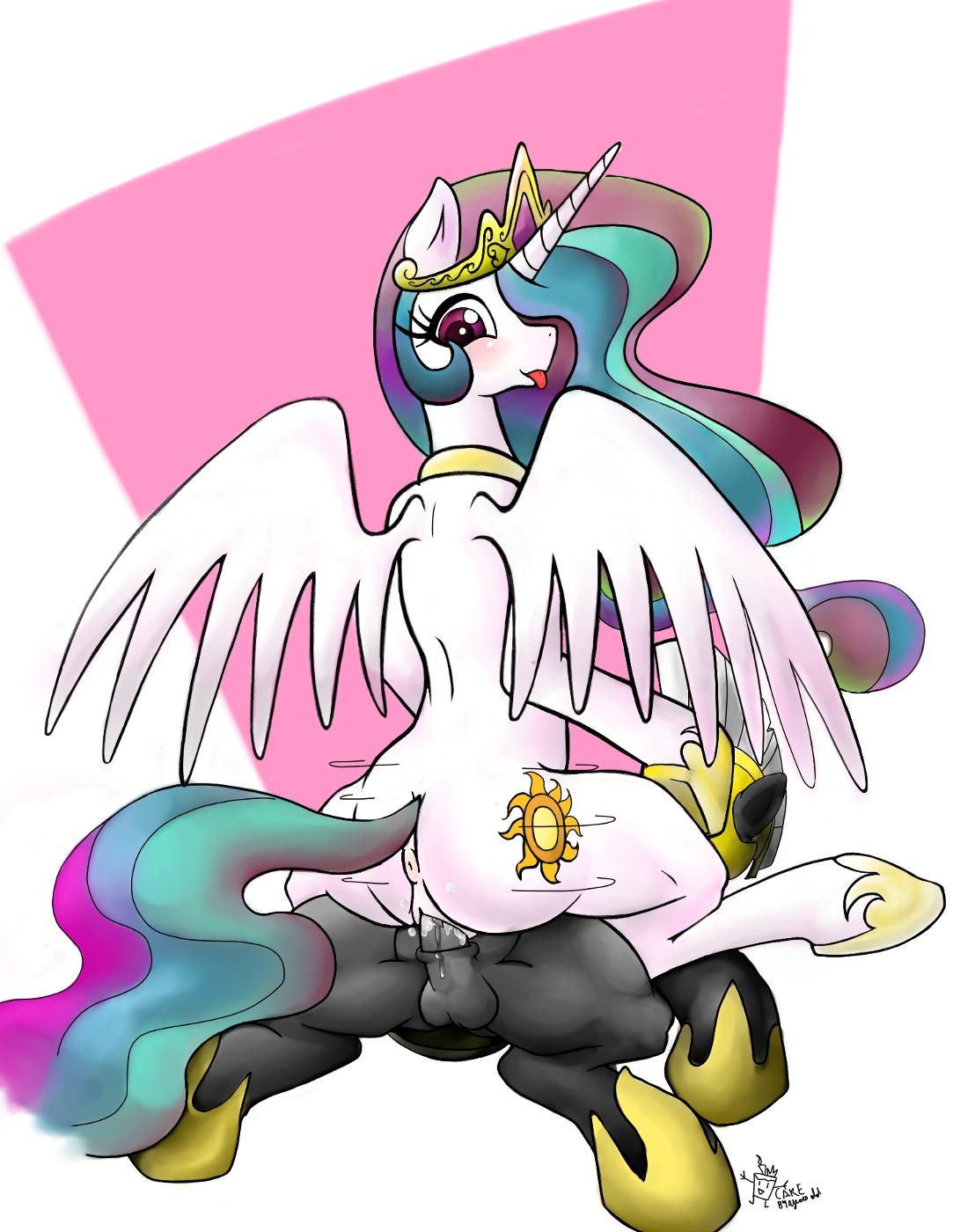 anus blush crown cutie_mark duo e621 equid equine feathered_wings feathers female friendship_is_magic genitals hair hasbro headgear hi_res horn male male/female mammal my_little_pony mythological_creature mythological_equine mythology princess_celestia_(mlp) ricocake royal_guard_(mlp) vaginal vulva winged_unicorn wings