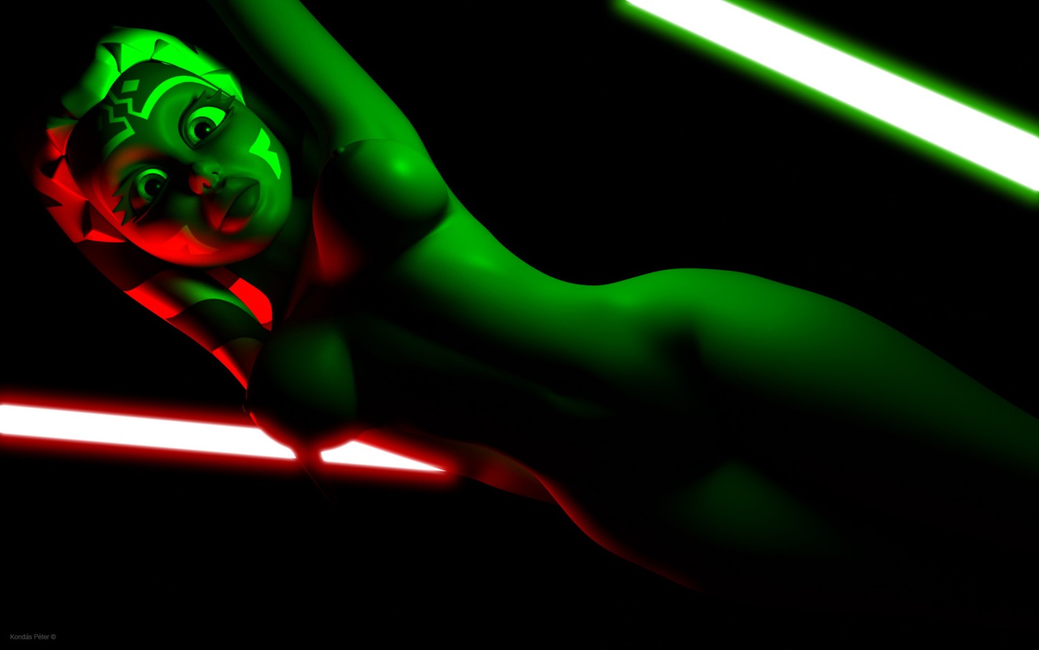 16:10 2012 3d_(artwork) ahsoka_tano alien alien_humanoid breasts digital_media_(artwork) e621 eyelashes female green_lightsaber hi_res humanoid kondas_peter lekku_(anatomy) lightsaber long_eyelashes melee_weapon not_furry red_lightsaber simple_background solo star_wars togruta weapon widescreen
