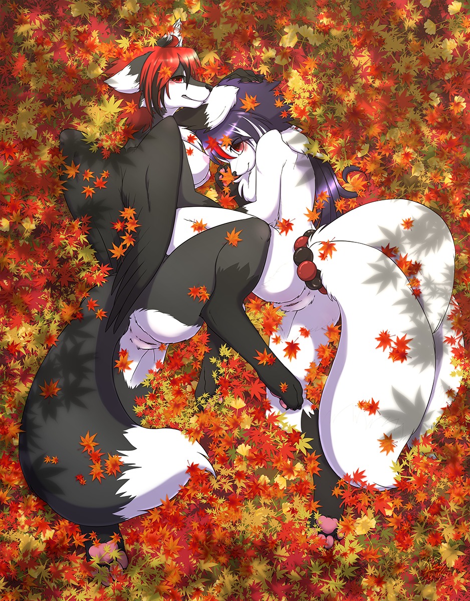 anthro anus autumn black_body black_fur black_hair breasts canid canine countershading duo e621 feathered_wings feathers female female/female fluffy fluffy_tail fox fur genitals grey_body grey_fur hair hi_res high-angle_view ingi ingi_(character) jewelry leaf looking_at_viewer lying mammal mio_konno_(character) multi_tail multicolored_hair nipples nude on_side pawpads paws presenting presenting_vulva purple_hair red_eyes red_hair smile tail two_tone_hair vulva white_body white_fur wings