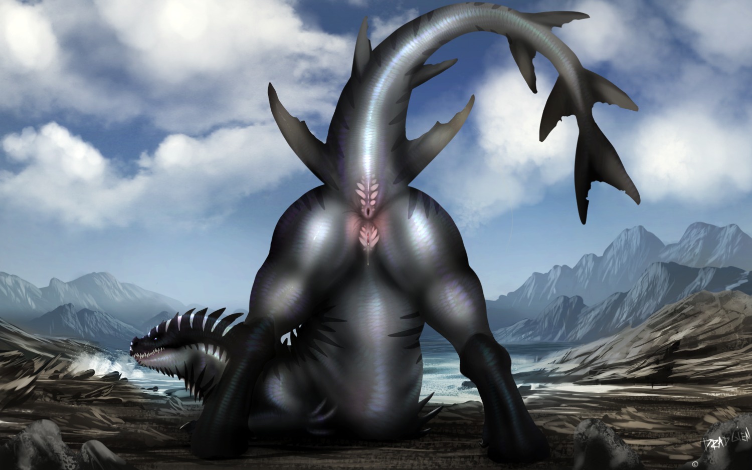 16:10 2014 anus aquatic bodily_fluids butt claws cloud conditional_dnp detailed_background dradmon dragon e621 european_mythology female female_feral feral genital_fluids genitals hi_res lake looking_at_viewer looking_back mythological_creature mythological_scalie mythology outside presenting presenting_hindquarters presenting_vulva raised_tail scalie sky solo spread_legs spreading tail teeth vaginal_fluids vulva water western_dragon widescreen