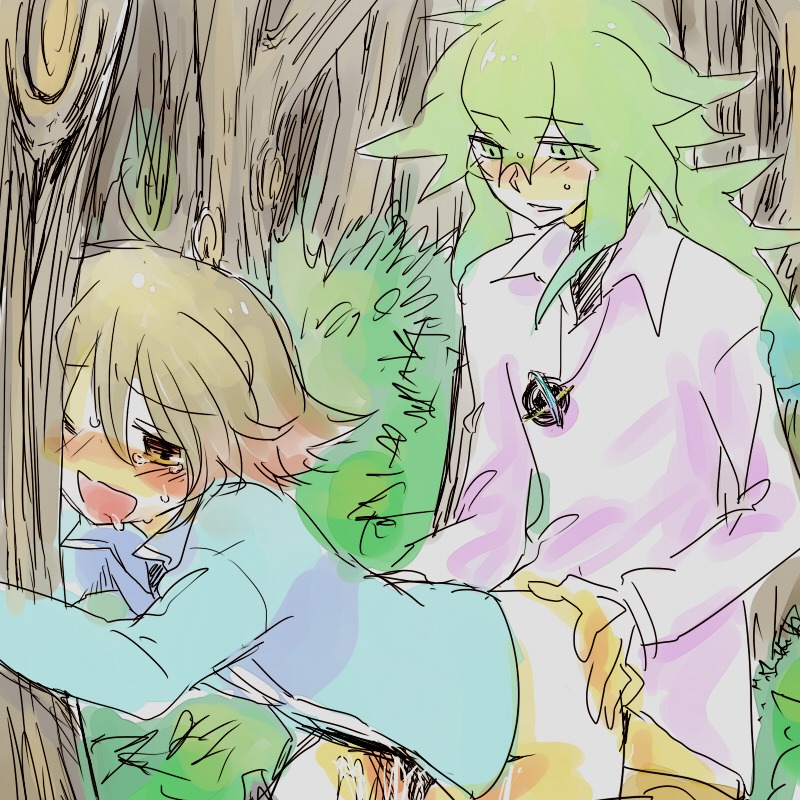 against_tree bent_over blush bushes clothed cum female gay green_hair hilbert_(pokemon) male male_only natural_harmonia_gropius necklace open_mouth outdoors pokemon rule34 sex tears