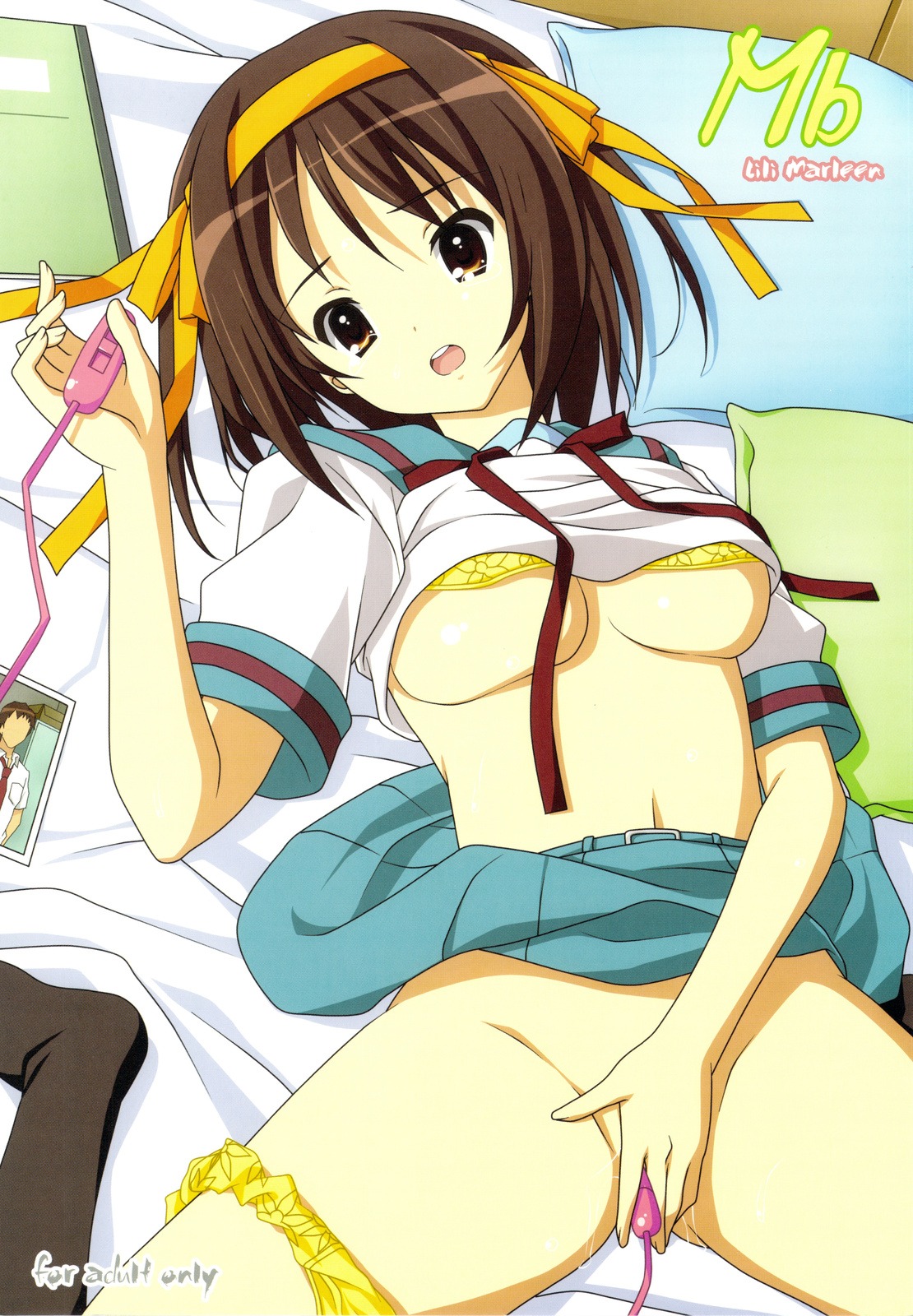 bra bra_lift breasts brown_eyes brown_hair clothed_masturbation clothing cover female female_only highres human kinohara_hikaru lingerie masturbation panties panties_around_one_leg rule34 school_uniform shirt shirt_lift skirt skirt_around_belly skirt_lift small_breasts solo suzumiya_haruhi suzumiya_haruhi_no_yuuutsu underboob underwear vibrator