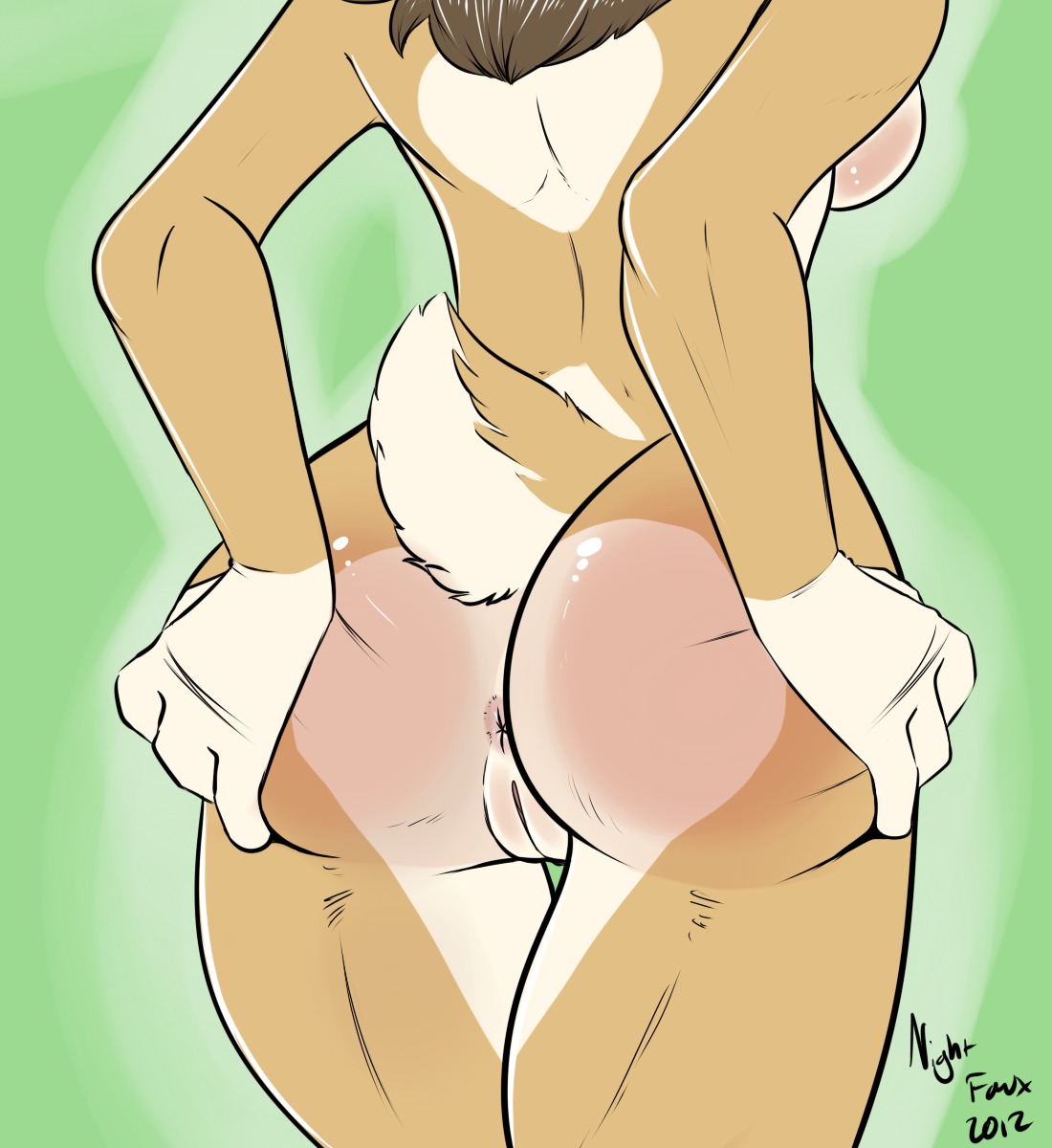 2012 anthro anus biped breasts brown_body brown_fur brown_hair butt butt_heart canid canine canis digital_media_(artwork) domestic_dog e621 english_text featureless_breasts female fur genitals green_background hair hand_on_butt herding_dog hi_res long_hair mammal nightfaux nude pastoral_dog pucacorgi rear_view side_boob signature simple_background solo spread_butt spreading text under_boob vulva welsh_corgi white_body white_fur wide_hips
