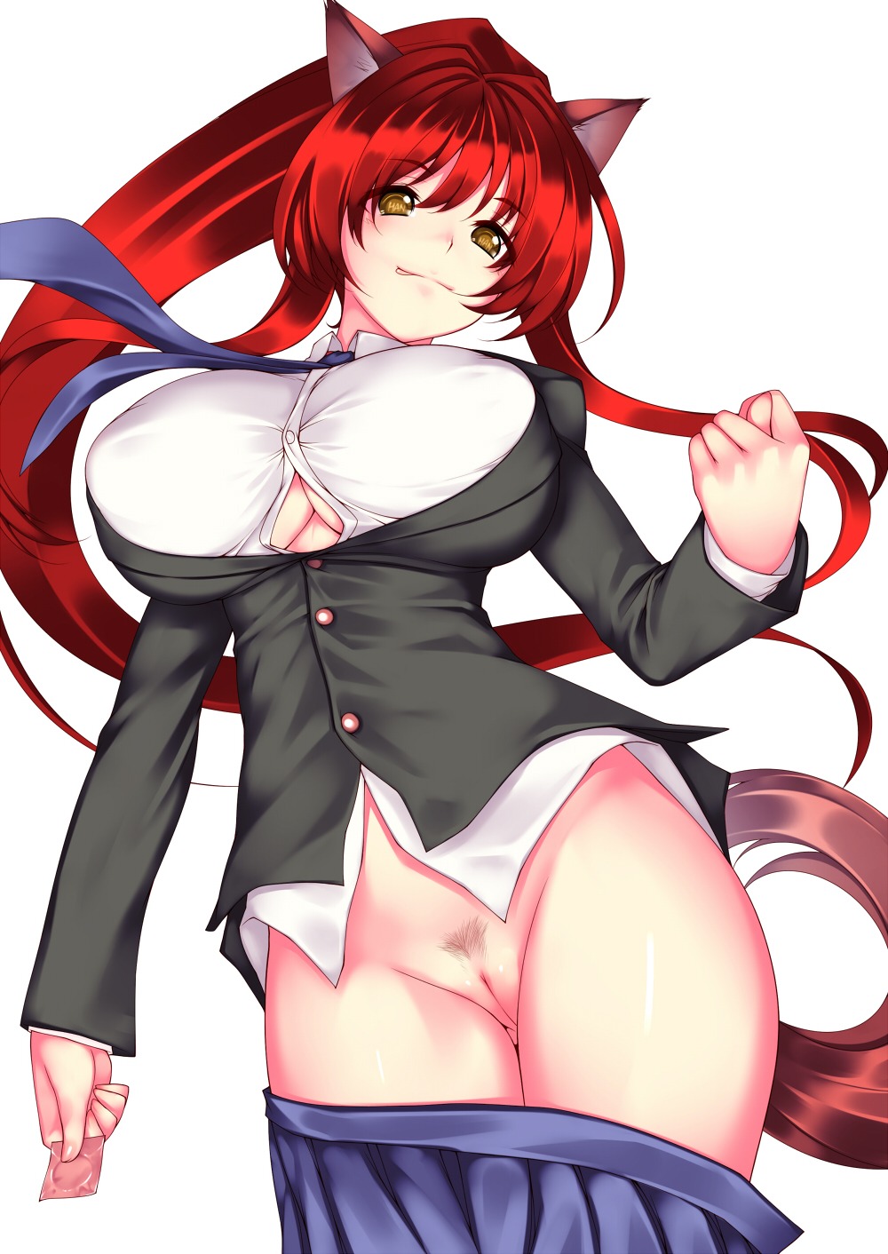 accessory animal_humanoid breasts cat_humanoid cleavage clothed clothing condom e621 felid felid_humanoid feline feline_humanoid female genitals hair hi_res holding_condom holding_object humanoid long_hair mammal mammal_humanoid necktie pubes red_hair rin_kaenbyou sexual_barrier_device simple_background solo tail touhou trotrotrombe unused_condom vulva white_background wrapped_condom yellow_eyes